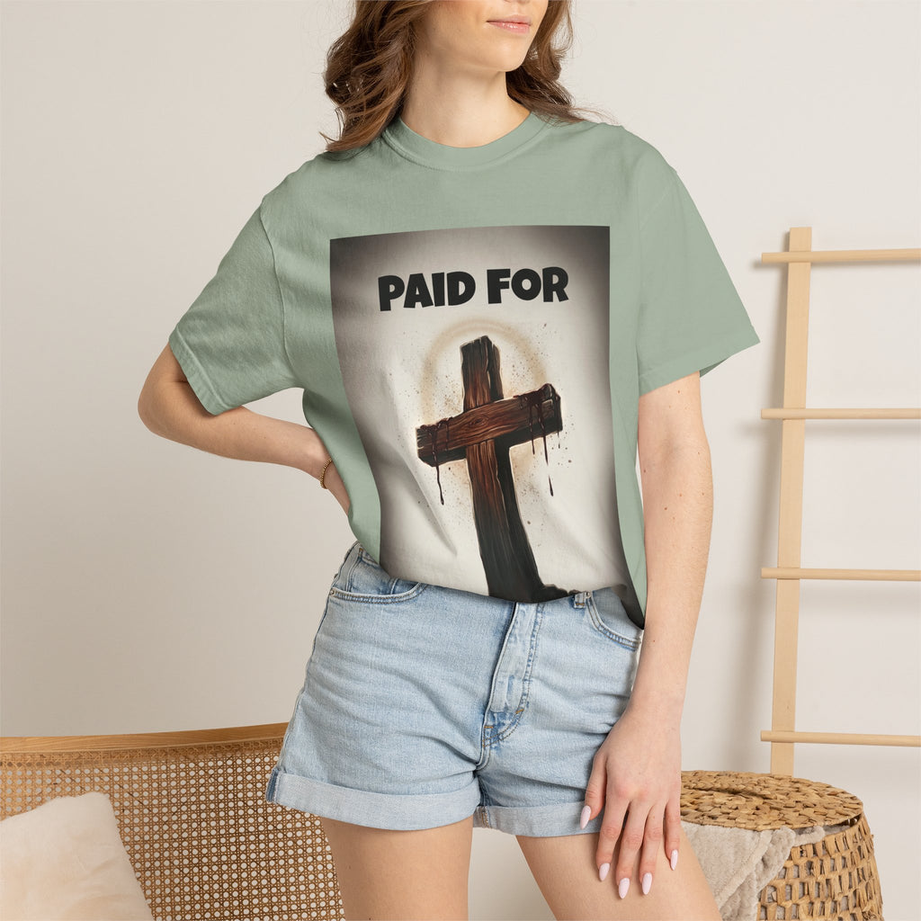 Christian T-Shirt — "Paid For" Cross Design with Rom. 10:13 Back