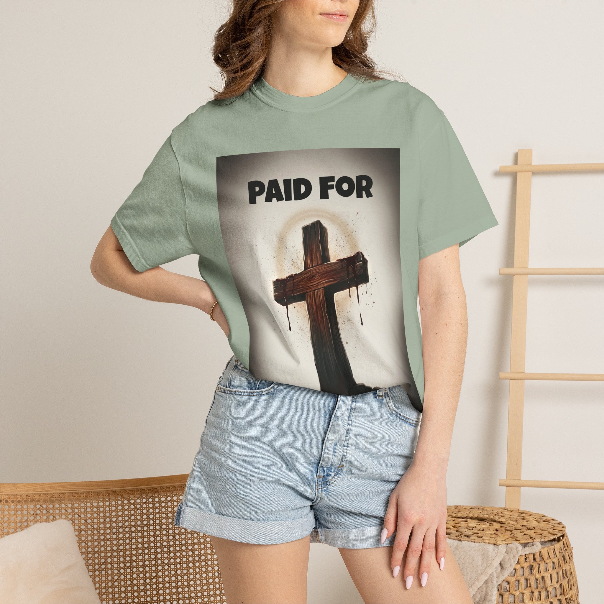 Christian T-Shirt — "Paid For" Cross Design with Rom. 10:13 Back