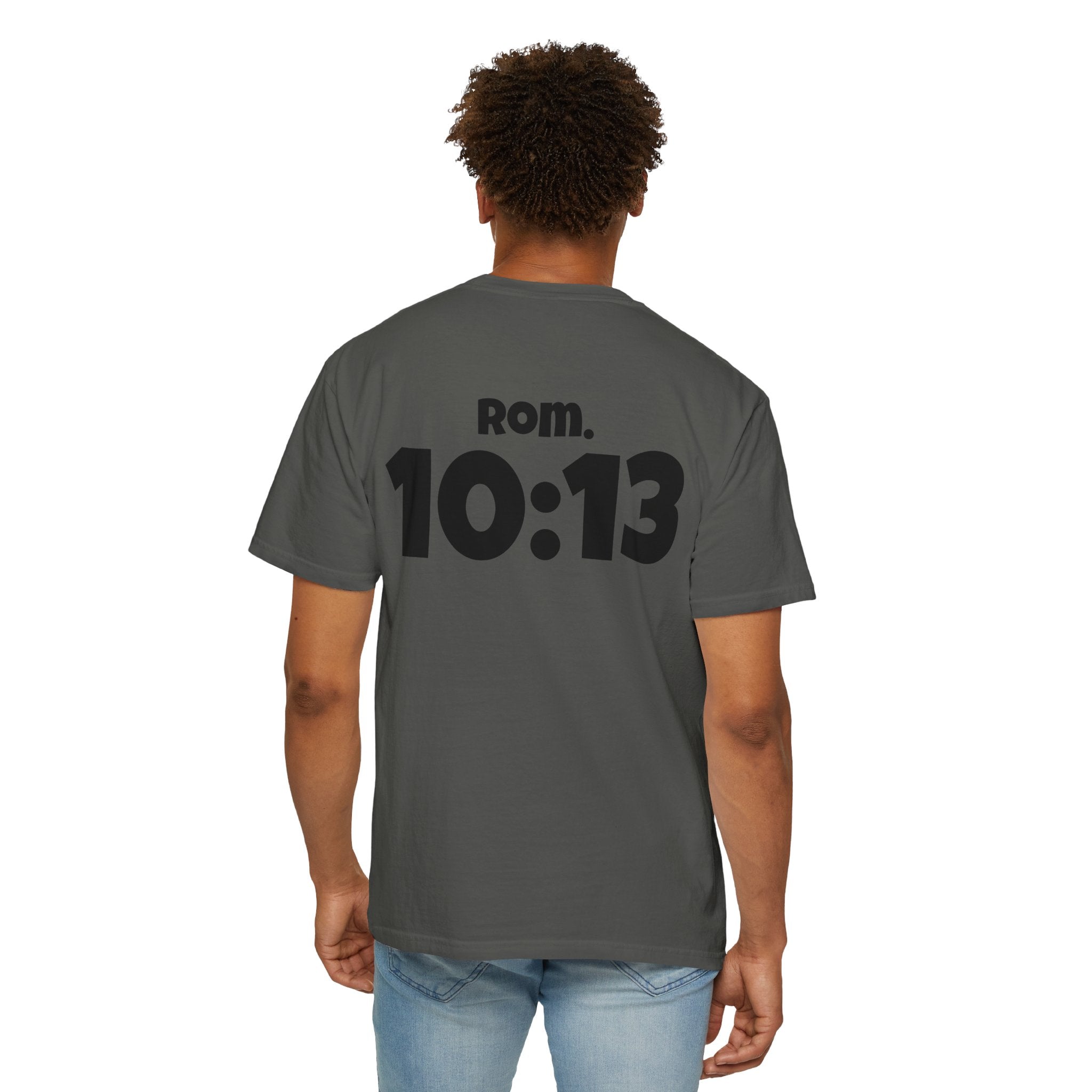 Christian T-Shirt — "Paid For" Cross Design with Rom. 10:13 Back
