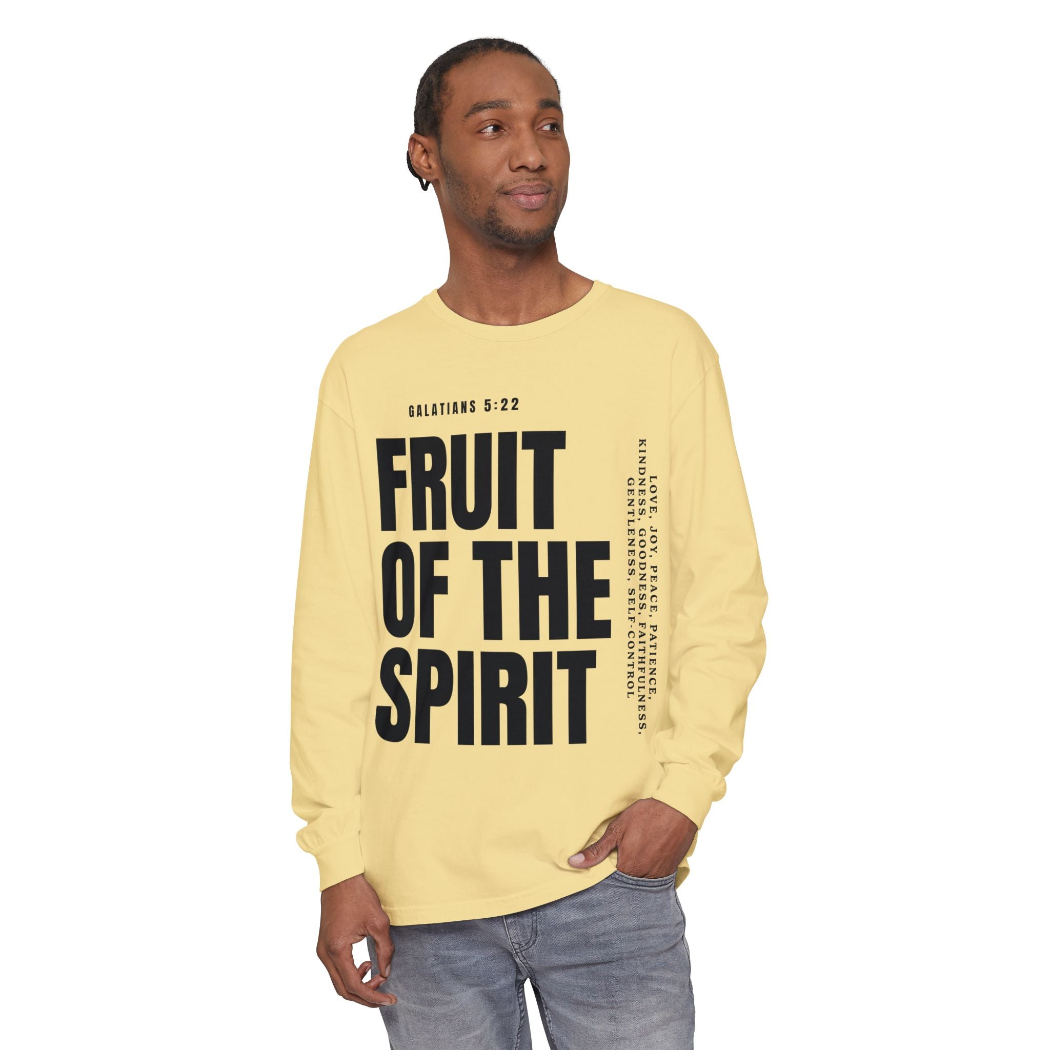 Fruit of the Spirit Long Sleeve Tee — Galatians 5:22 Christian Graphic Shirt (Be Fruitful)