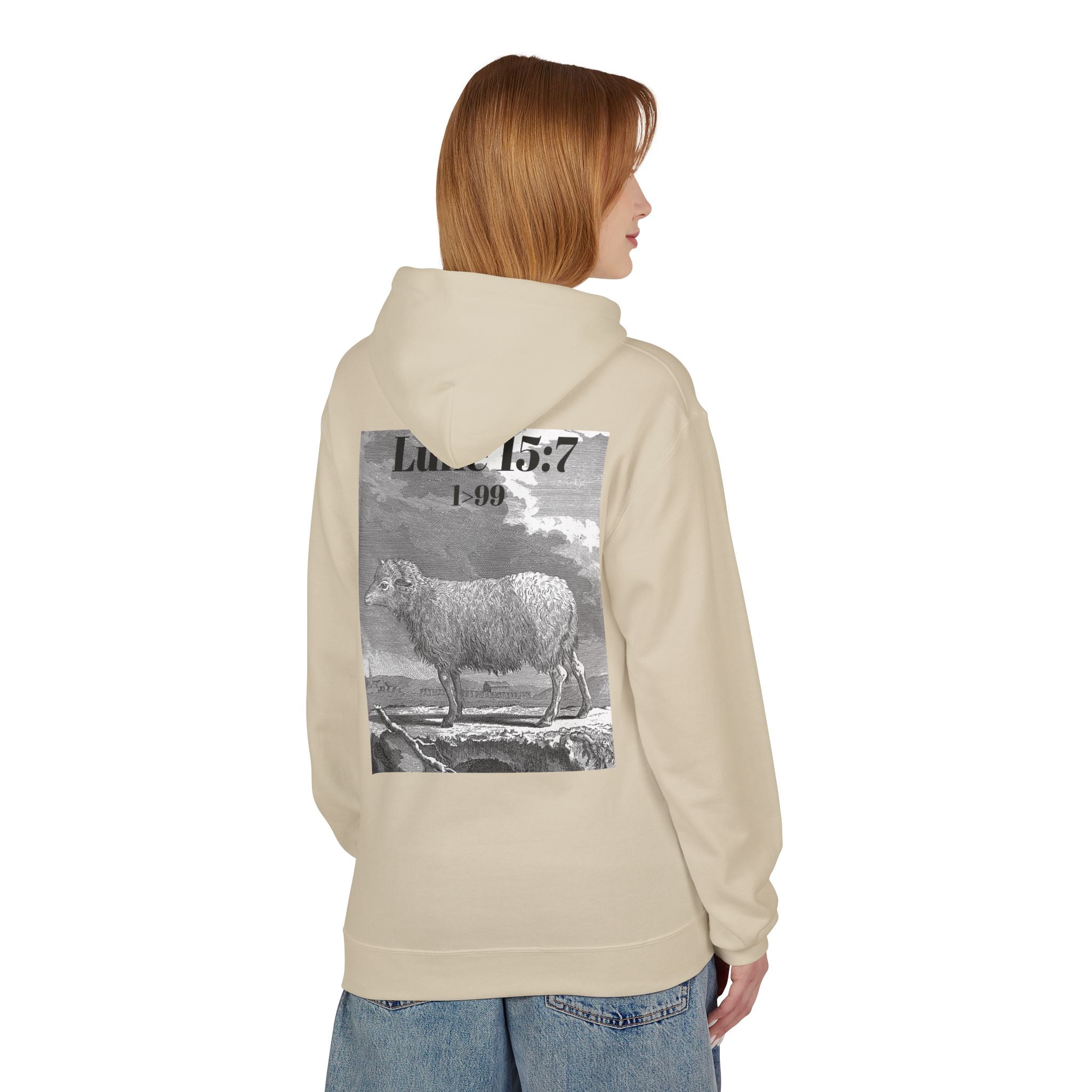 Sheep Graphic Hoodie – "FOUND" Front & Luke 15:7 Back Religious Pullover
