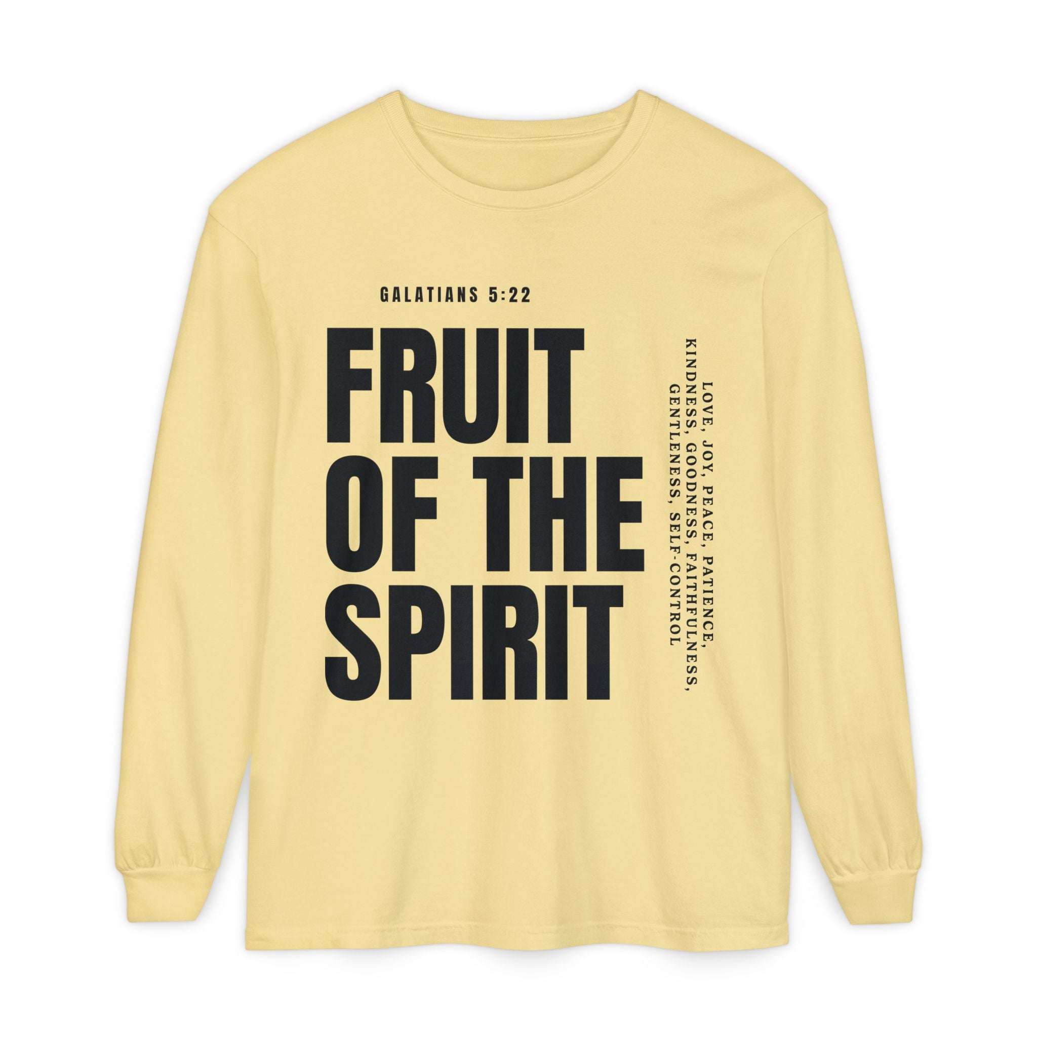 Fruit of the Spirit Long Sleeve Tee — Galatians 5:22 Christian Graphic Shirt (Be Fruitful)