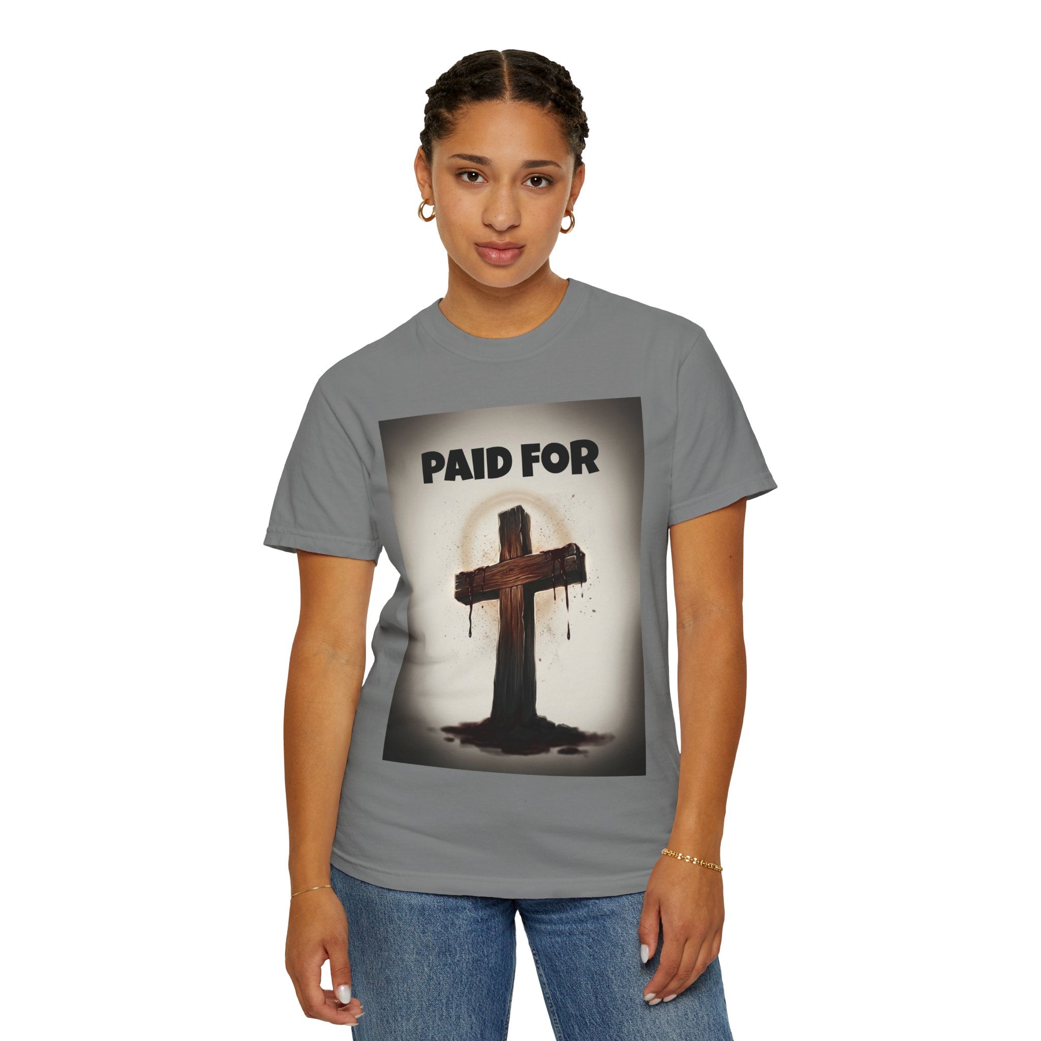 Christian T-Shirt — "Paid For" Cross Design with Rom. 10:13 Back