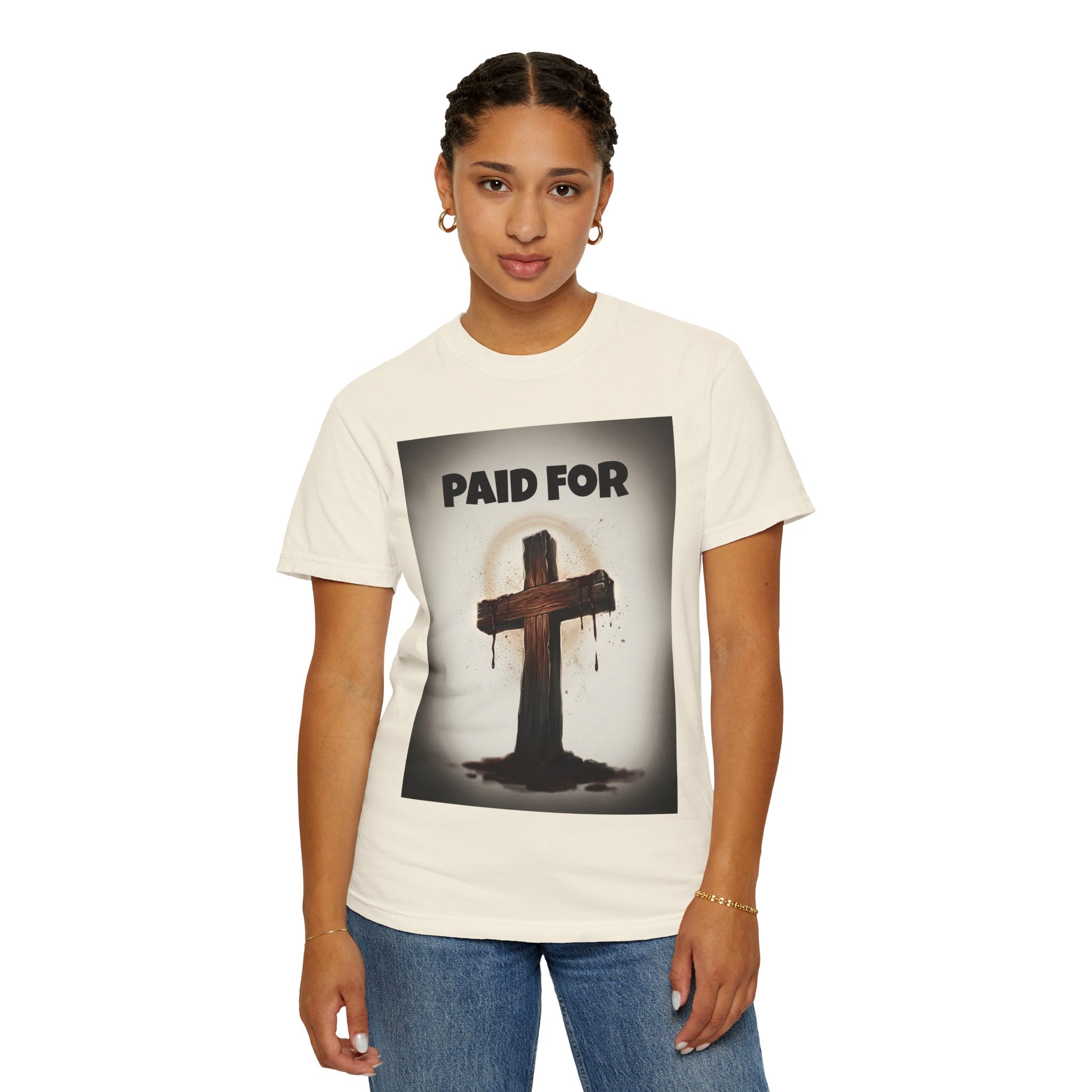 Christian T-Shirt — "Paid For" Cross Design with Rom. 10:13 Back