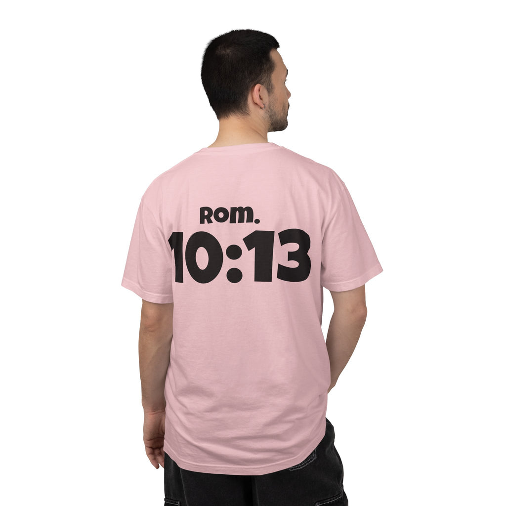 Christian T-Shirt — "Paid For" Cross Design with Rom. 10:13 Back