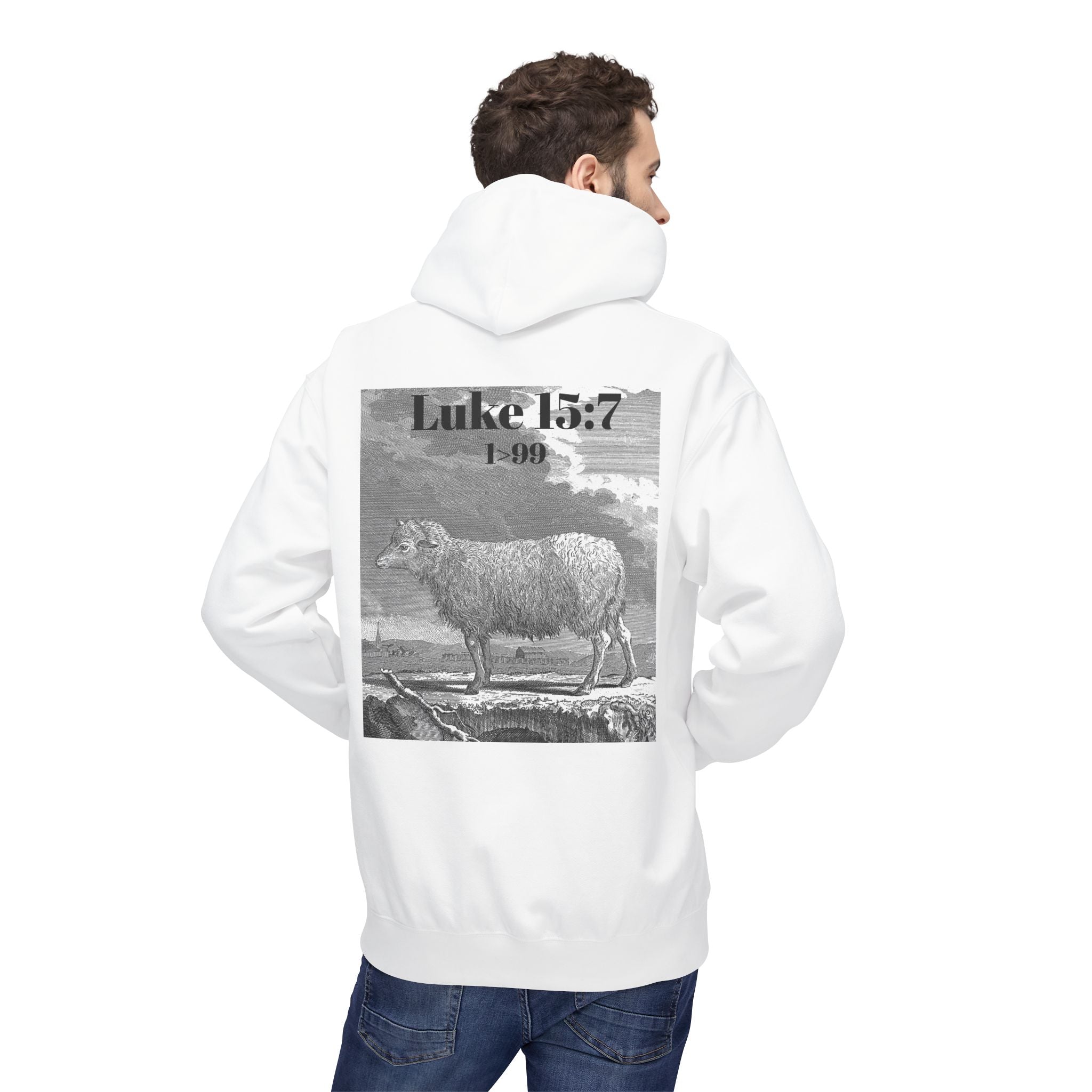 Sheep Graphic Hoodie – "FOUND" Front & Luke 15:7 Back Religious Pullover