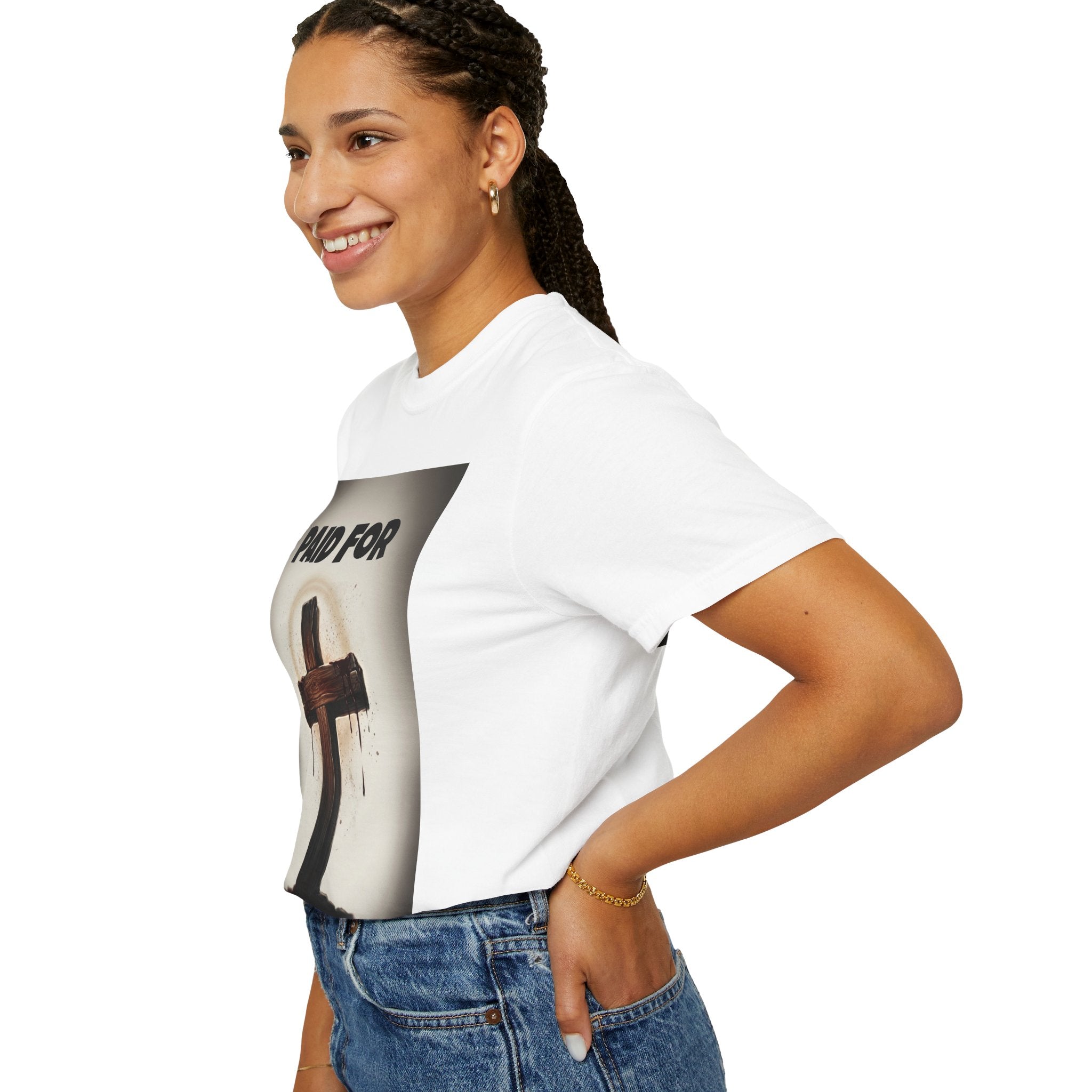 Christian T-Shirt — "Paid For" Cross Design with Rom. 10:13 Back