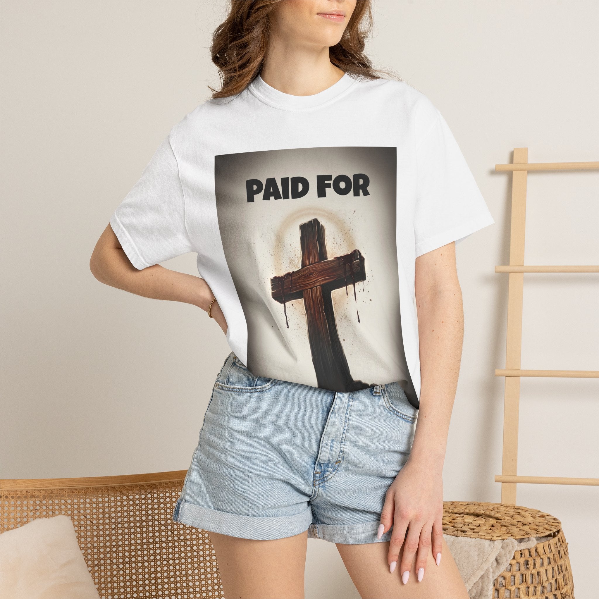 Christian T-Shirt — "Paid For" Cross Design with Rom. 10:13 Back
