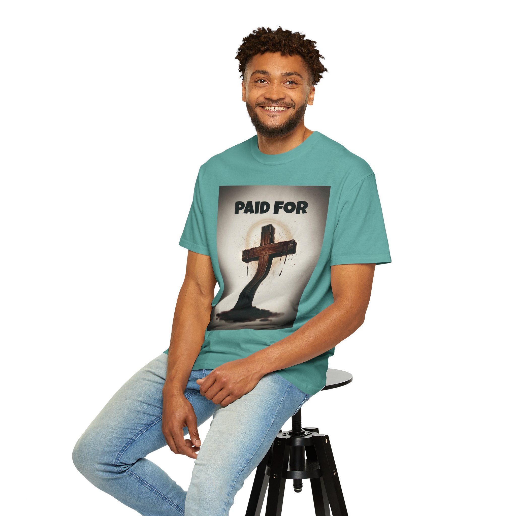 Christian T-Shirt — "Paid For" Cross Design with Rom. 10:13 Back