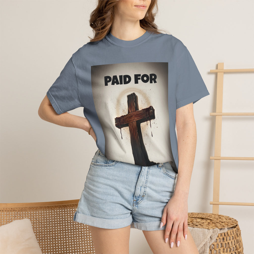 Christian T-Shirt — "Paid For" Cross Design with Rom. 10:13 Back