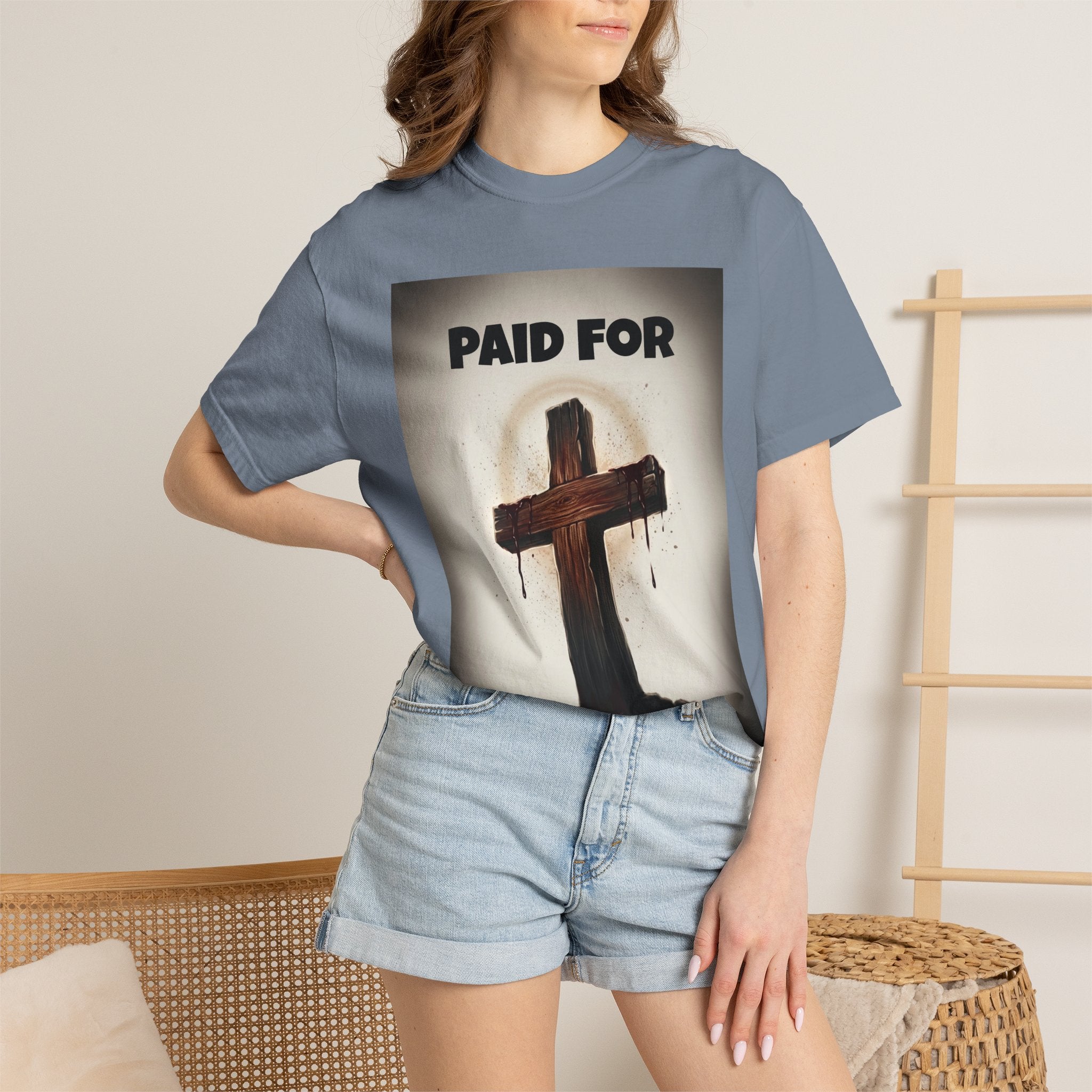 Christian T-Shirt — "Paid For" Cross Design with Rom. 10:13 Back