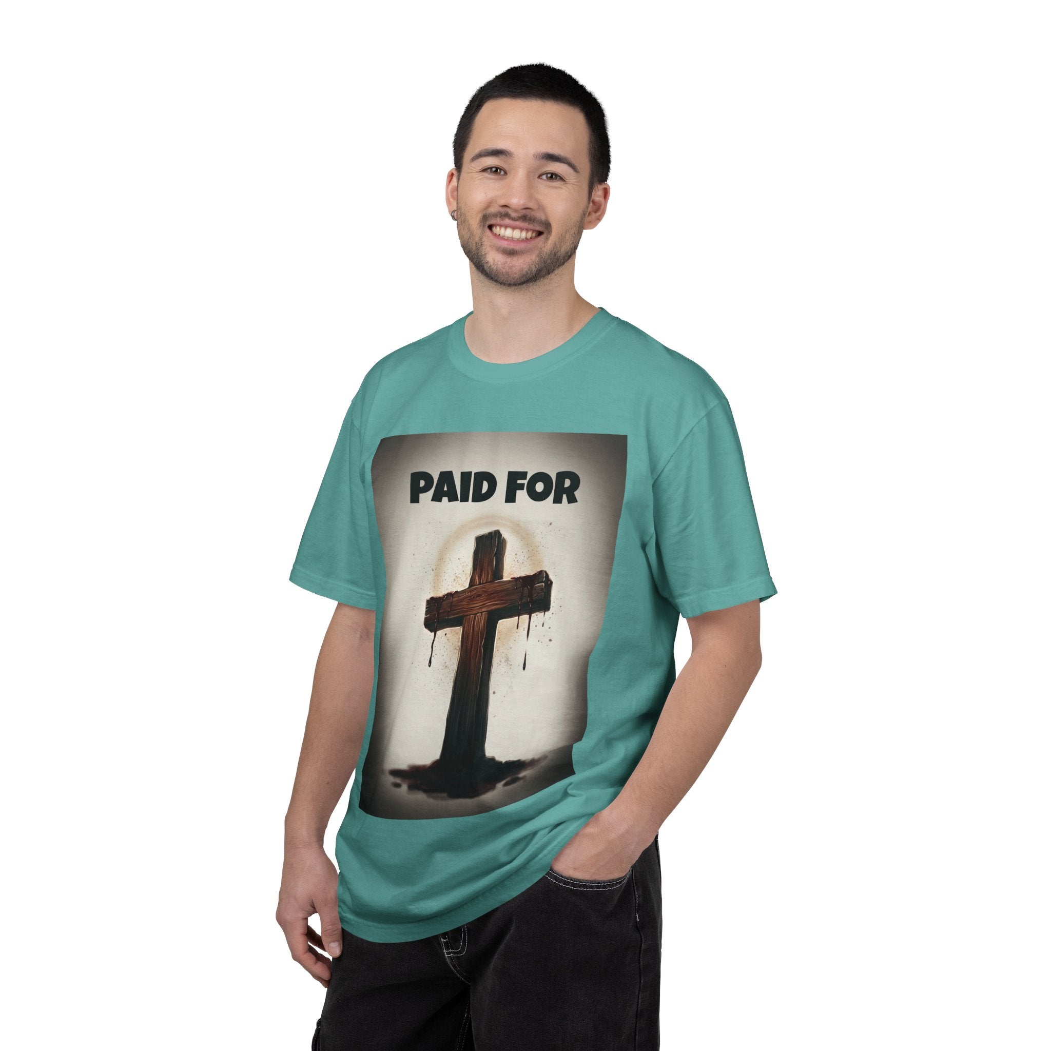 Christian T-Shirt — "Paid For" Cross Design with Rom. 10:13 Back