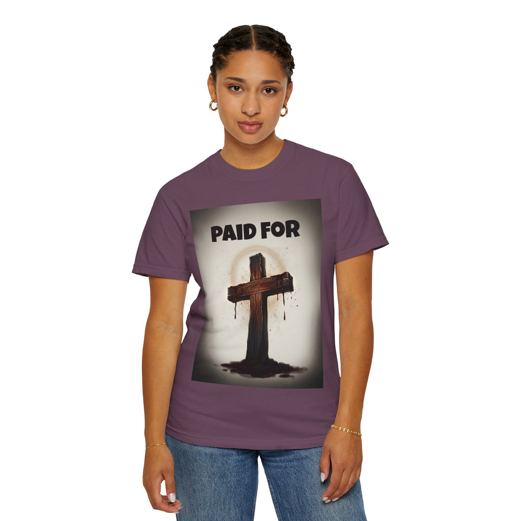 Christian T-Shirt — "Paid For" Cross Design with Rom. 10:13 Back
