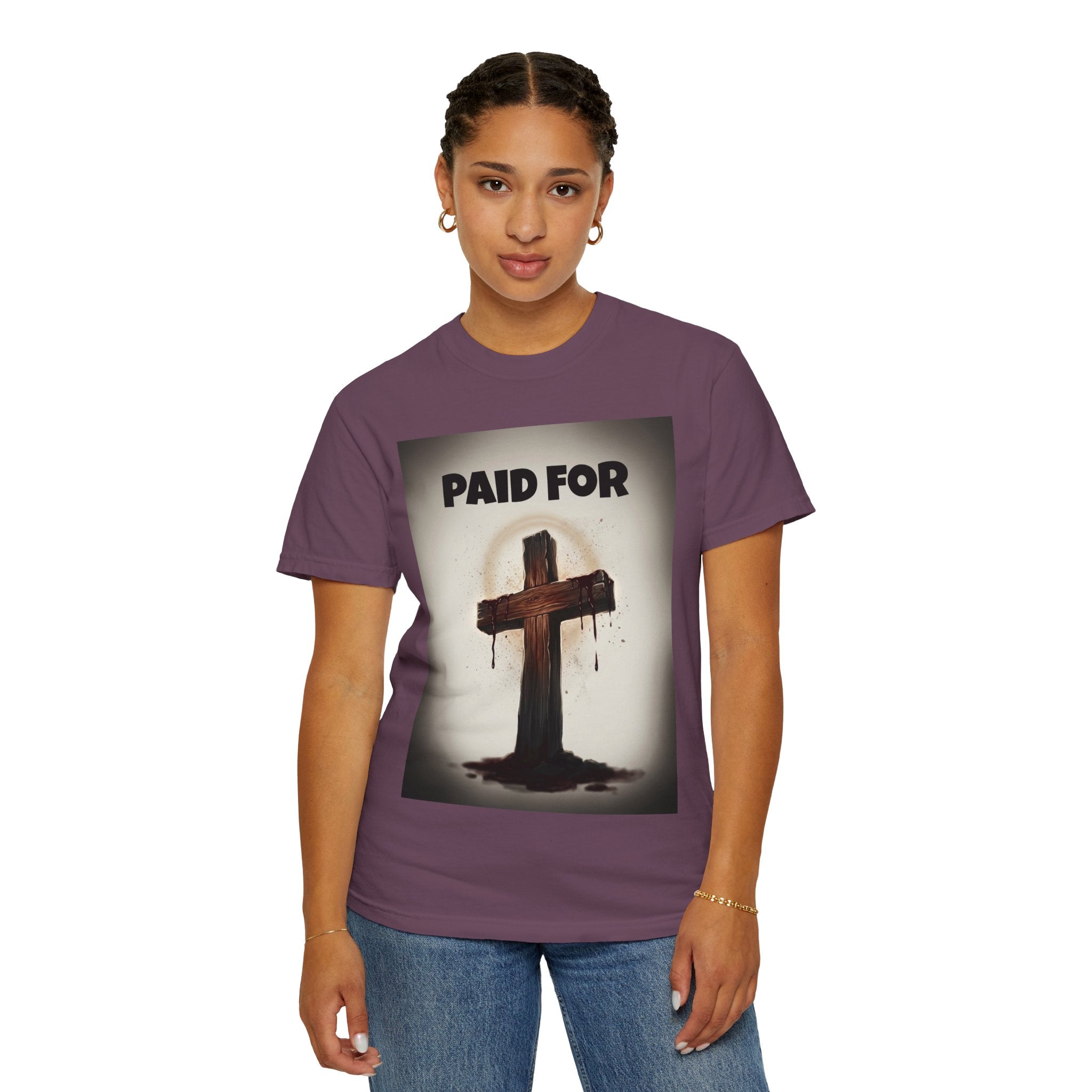 Christian T-Shirt — "Paid For" Cross Design with Rom. 10:13 Back