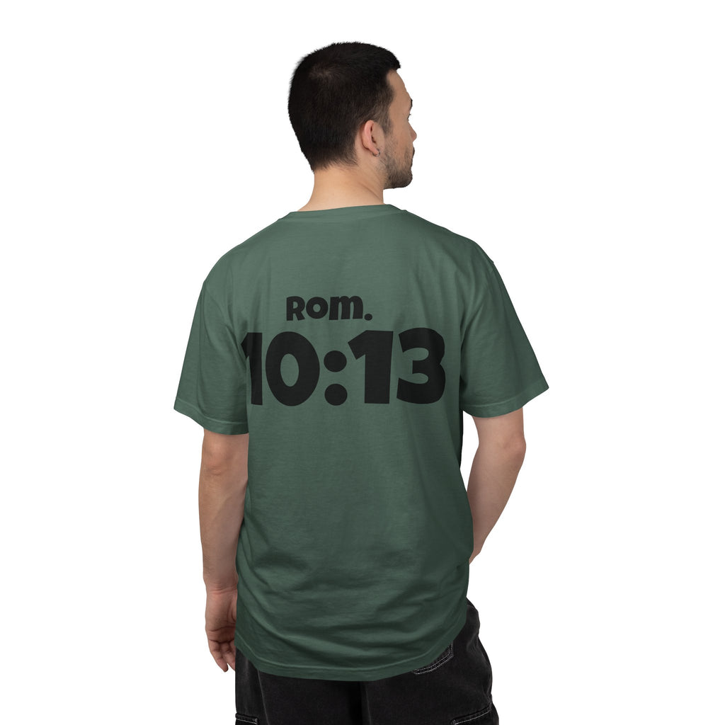 Christian T-Shirt — "Paid For" Cross Design with Rom. 10:13 Back