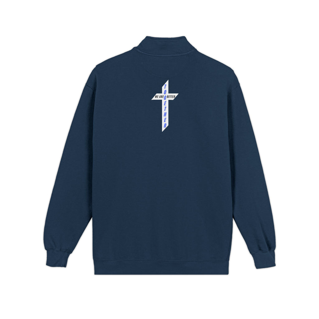 Quarter-Zip Sweatshirt — Small Chest Badge & Back Cross Graphic (Faith-Inspired)