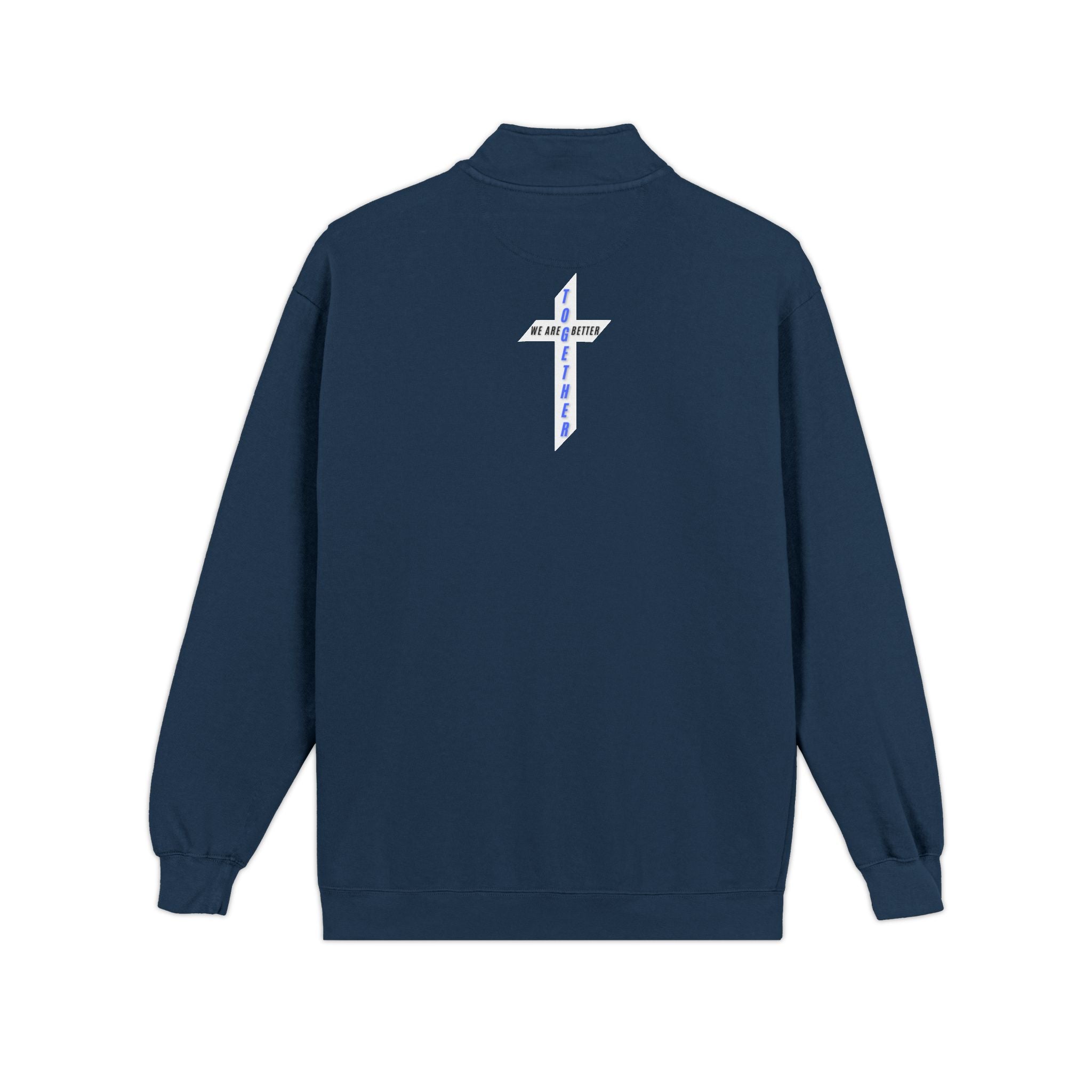Quarter-Zip Sweatshirt — Small Chest Badge & Back Cross Graphic (Faith-Inspired)