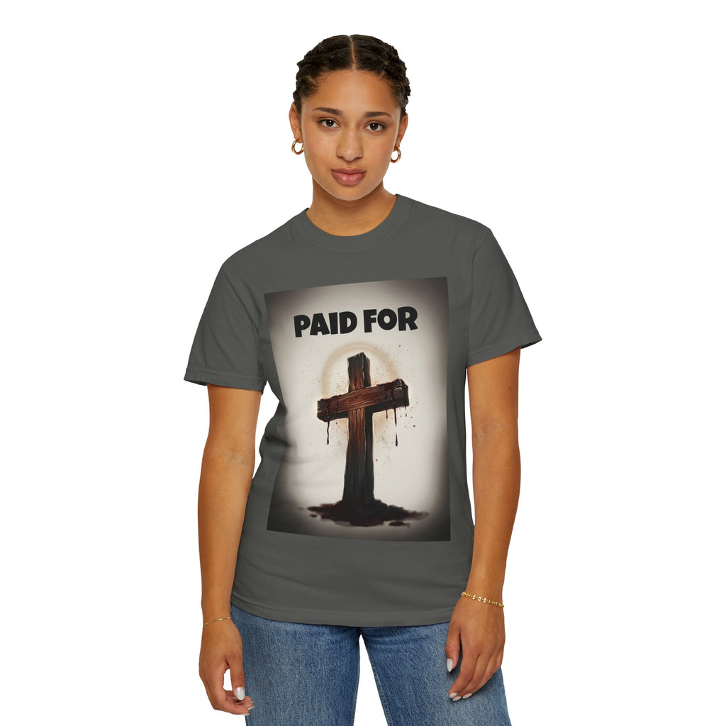 Christian T-Shirt — "Paid For" Cross Design with Rom. 10:13 Back