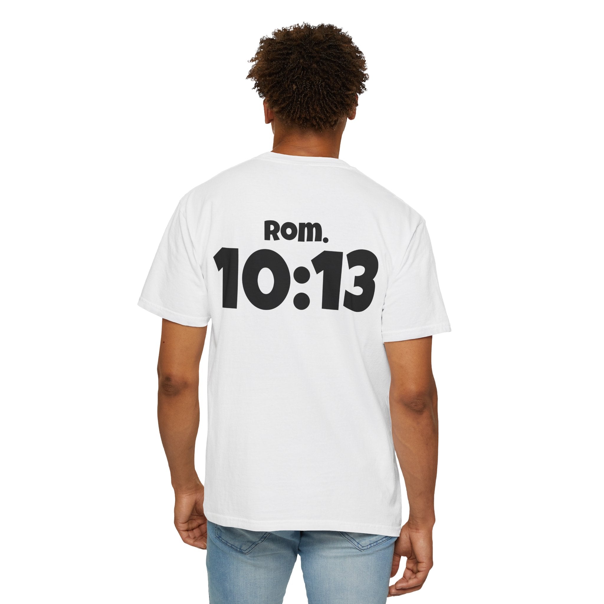 Christian T-Shirt — "Paid For" Cross Design with Rom. 10:13 Back