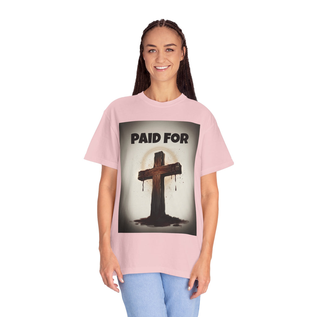 Christian T-Shirt — "Paid For" Cross Design with Rom. 10:13 Back
