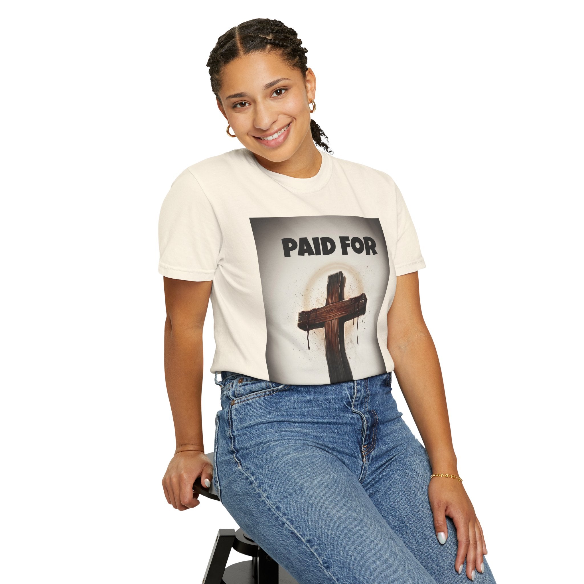 Christian T-Shirt — "Paid For" Cross Design with Rom. 10:13 Back