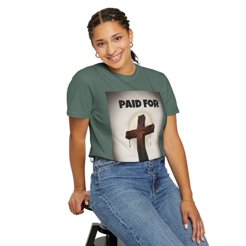 Christian T-Shirt — "Paid For" Cross Design with Rom. 10:13 Back
