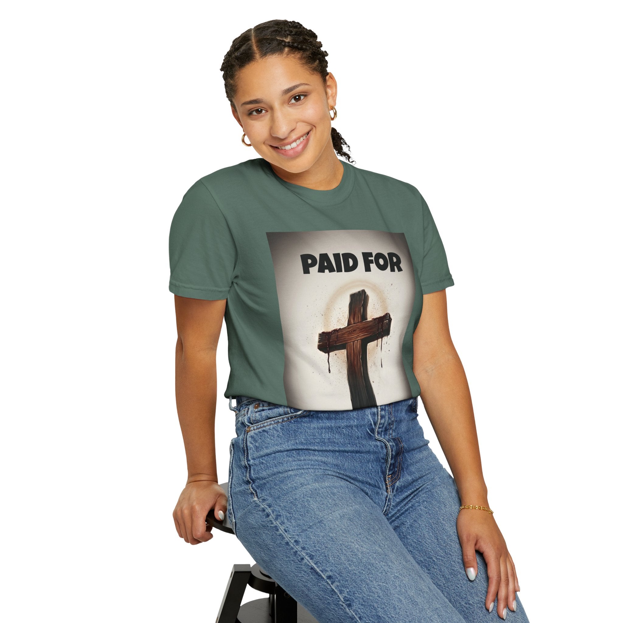Christian T-Shirt — "Paid For" Cross Design with Rom. 10:13 Back