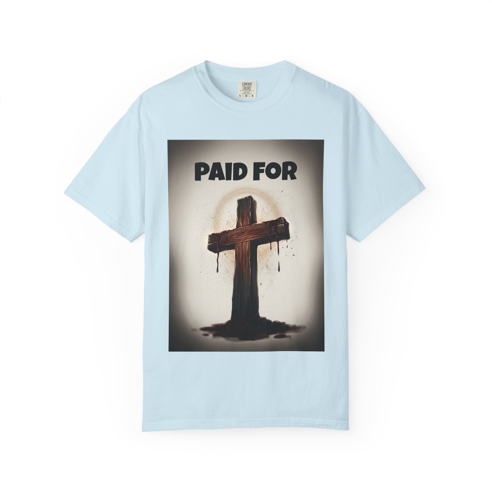 Christian T-Shirt — "Paid For" Cross Design with Rom. 10:13 Back