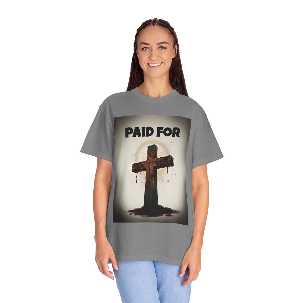 Christian T-Shirt — "Paid For" Cross Design with Rom. 10:13 Back
