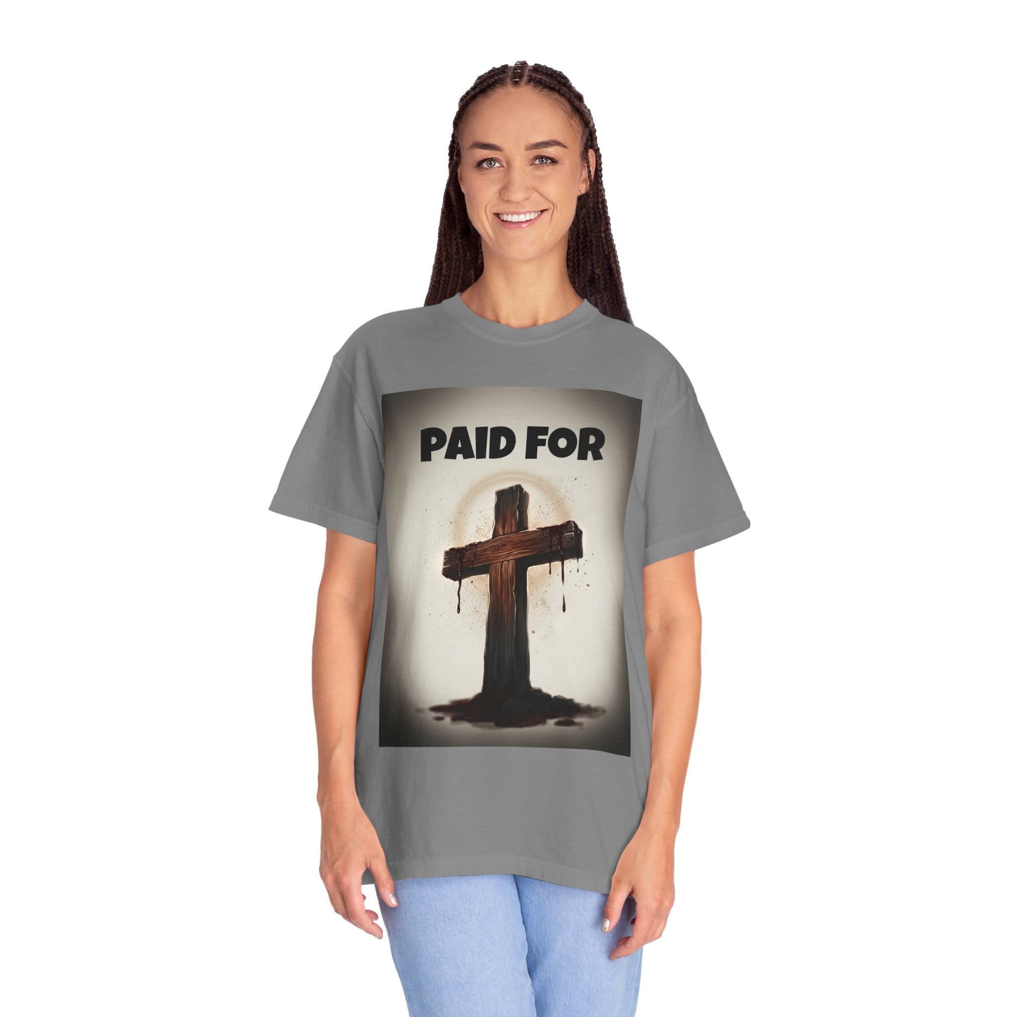 Christian T-Shirt — "Paid For" Cross Design with Rom. 10:13 Back