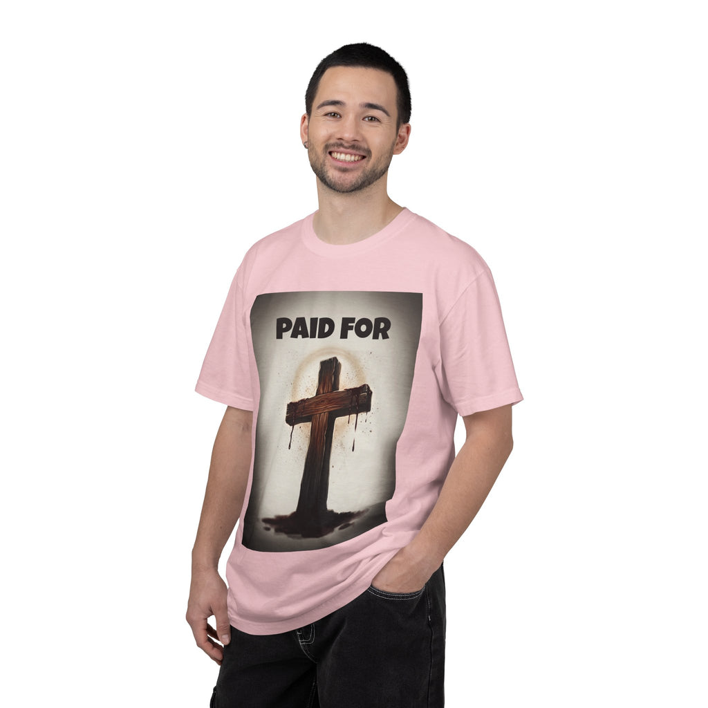 Christian T-Shirt — "Paid For" Cross Design with Rom. 10:13 Back