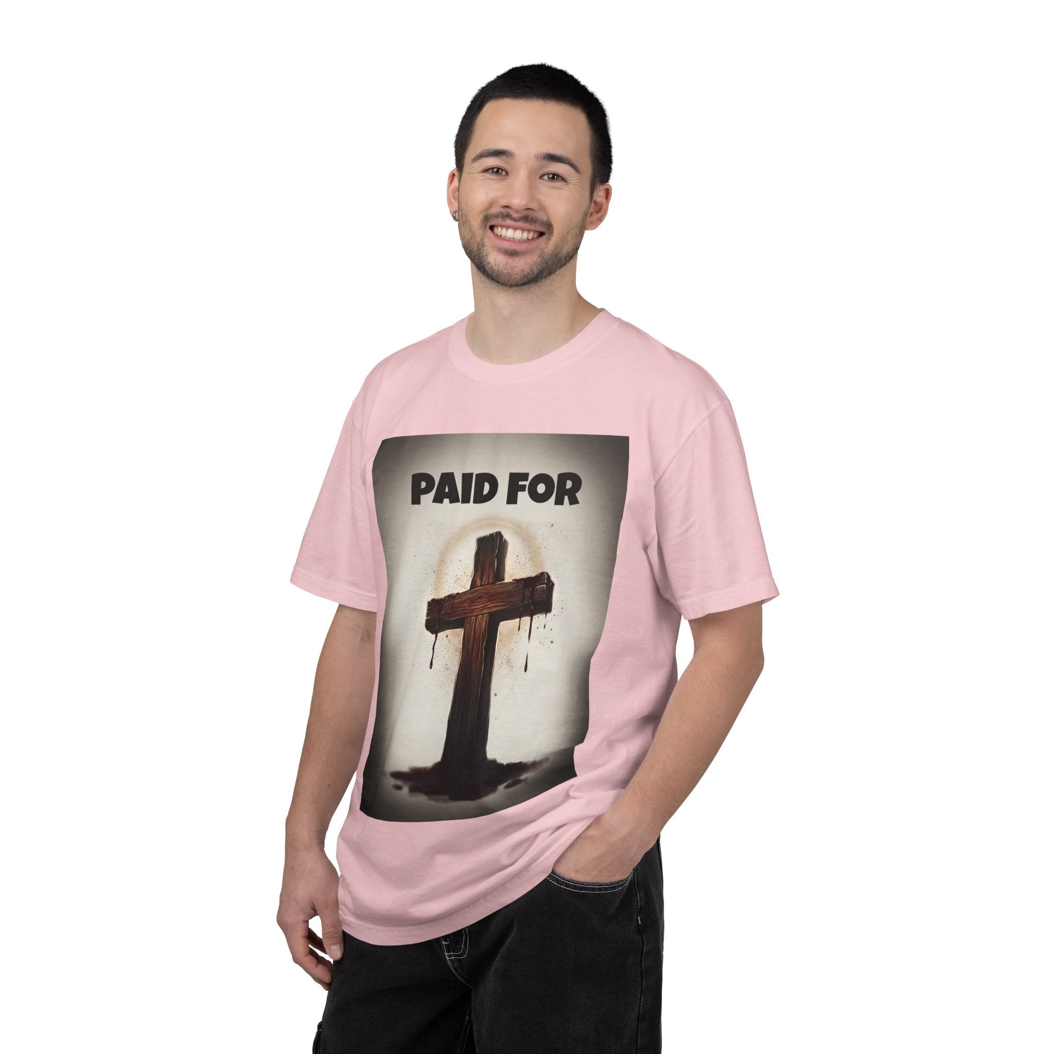Christian T-Shirt — "Paid For" Cross Design with Rom. 10:13 Back