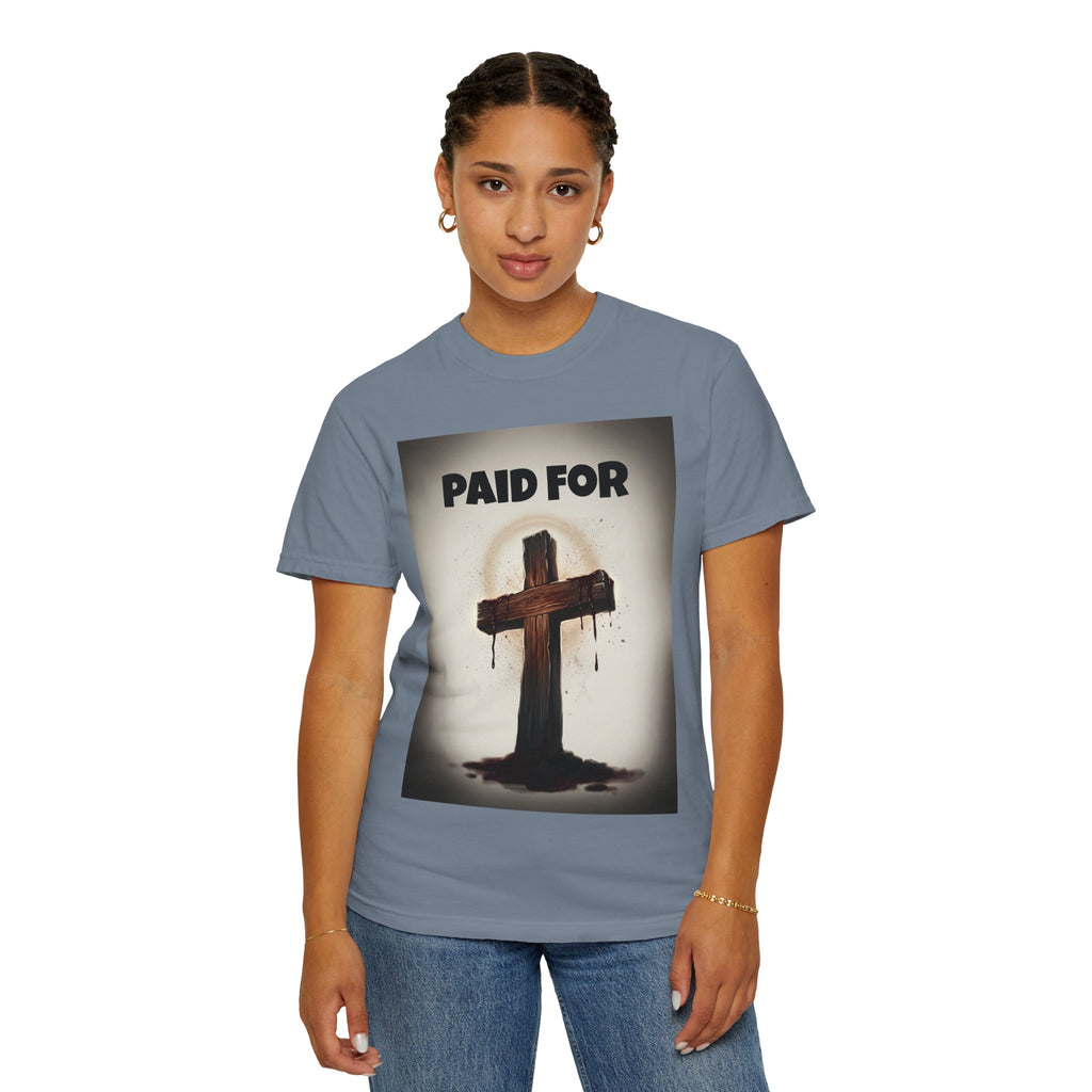 Christian T-Shirt — "Paid For" Cross Design with Rom. 10:13 Back