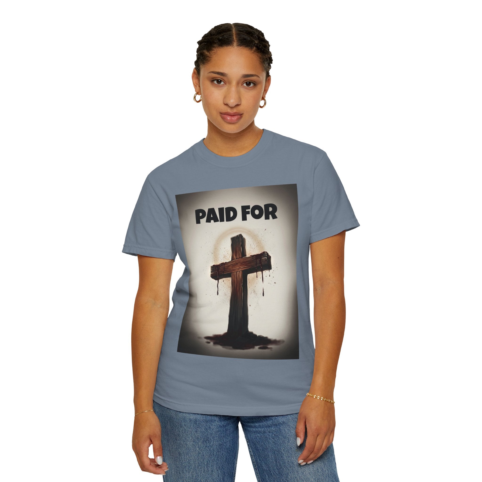 Christian T-Shirt — "Paid For" Cross Design with Rom. 10:13 Back