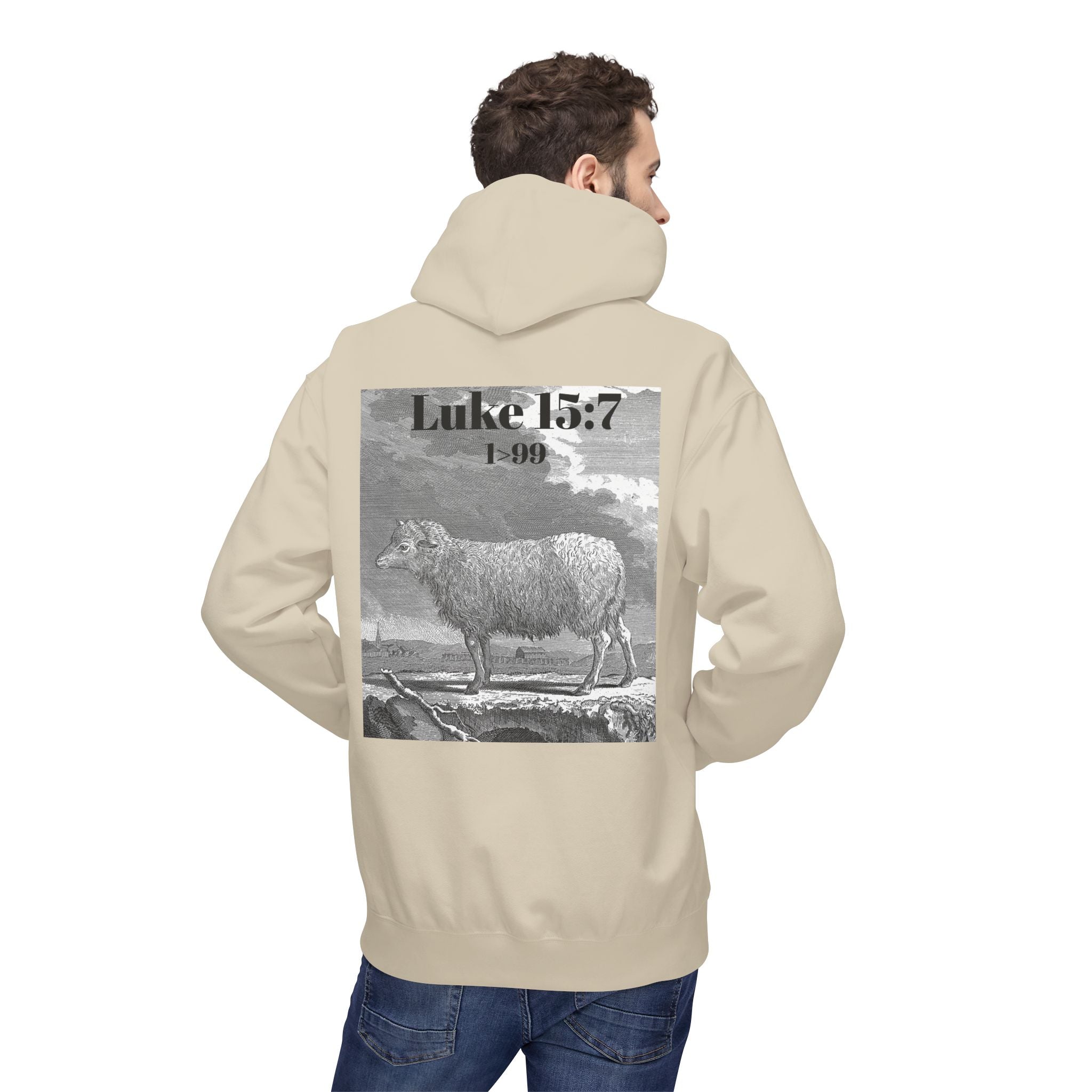 Sheep Graphic Hoodie – "FOUND" Front & Luke 15:7 Back Religious Pullover