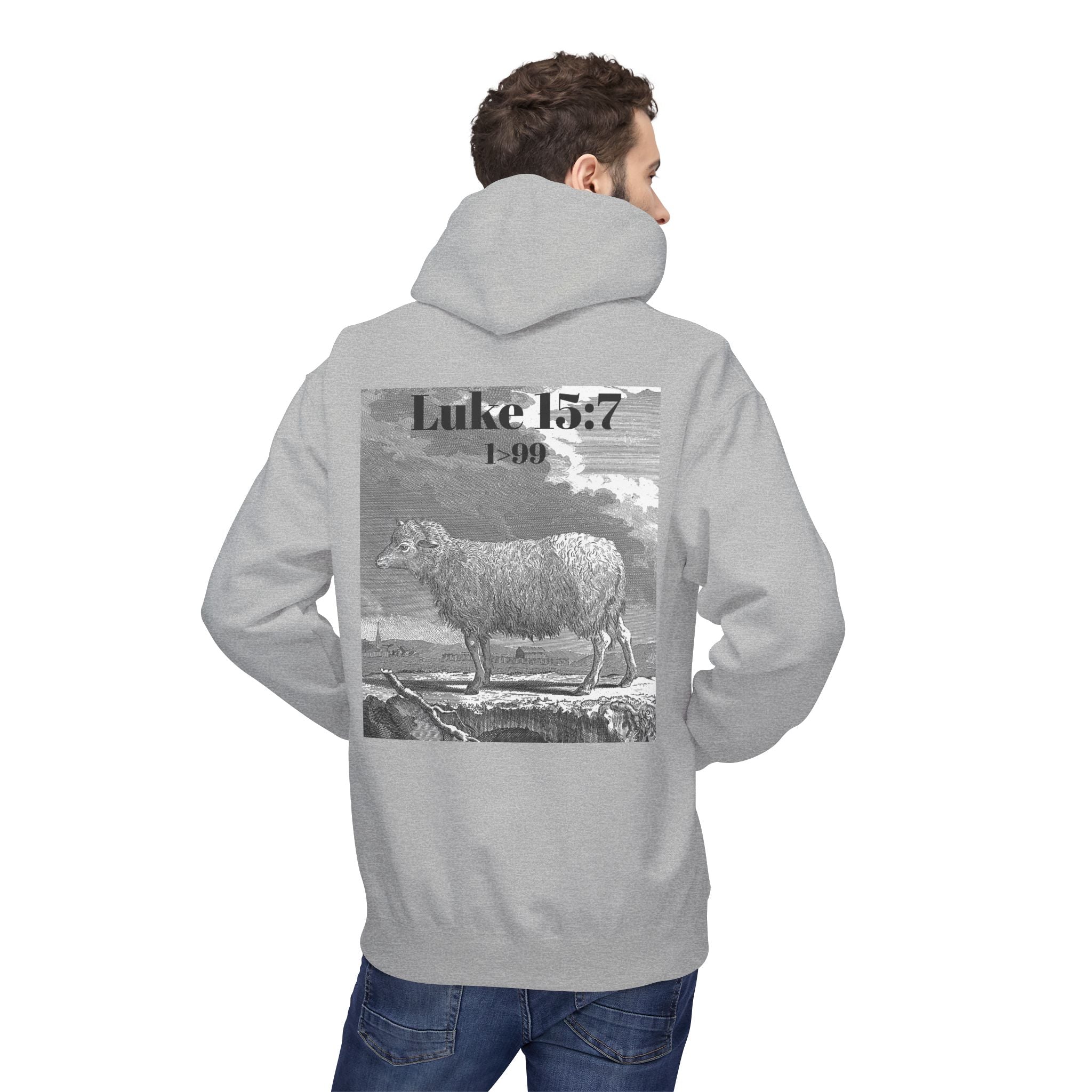 Sheep Graphic Hoodie – "FOUND" Front & Luke 15:7 Back Religious Pullover