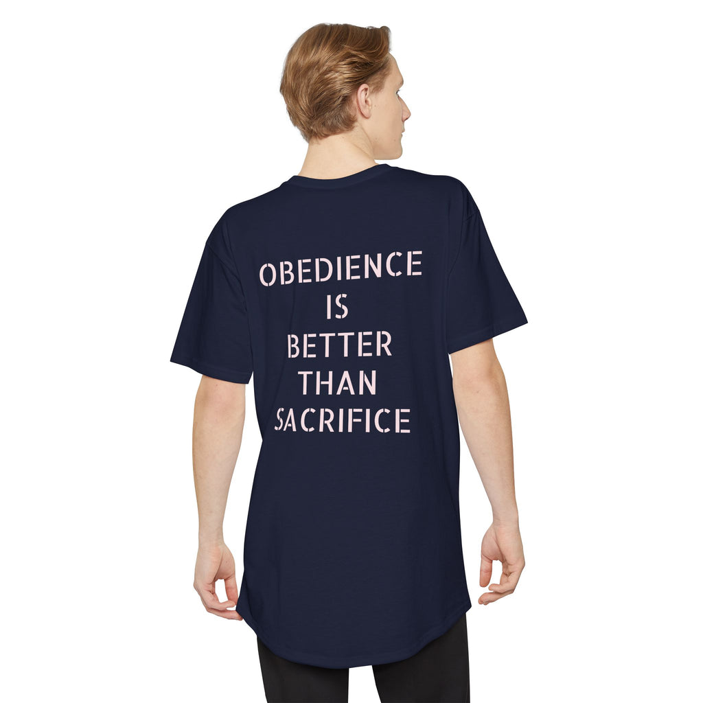 Long Body Tee — “Obedience Is Better Than Sacrifice” Minimalist Statement Shirt