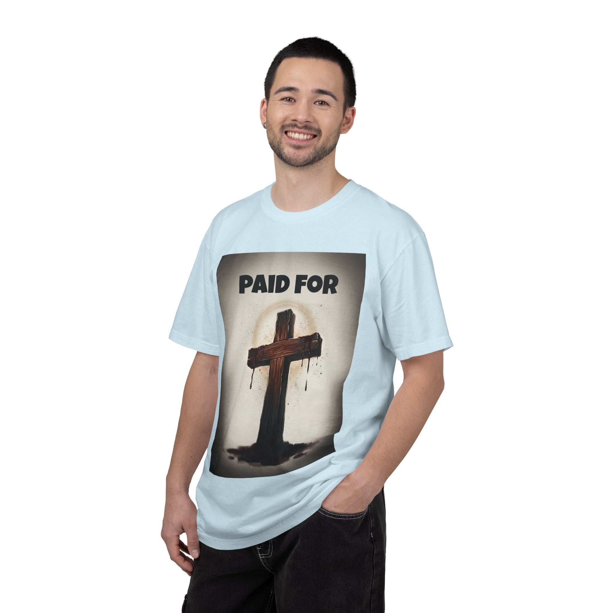 Christian T-Shirt — "Paid For" Cross Design with Rom. 10:13 Back