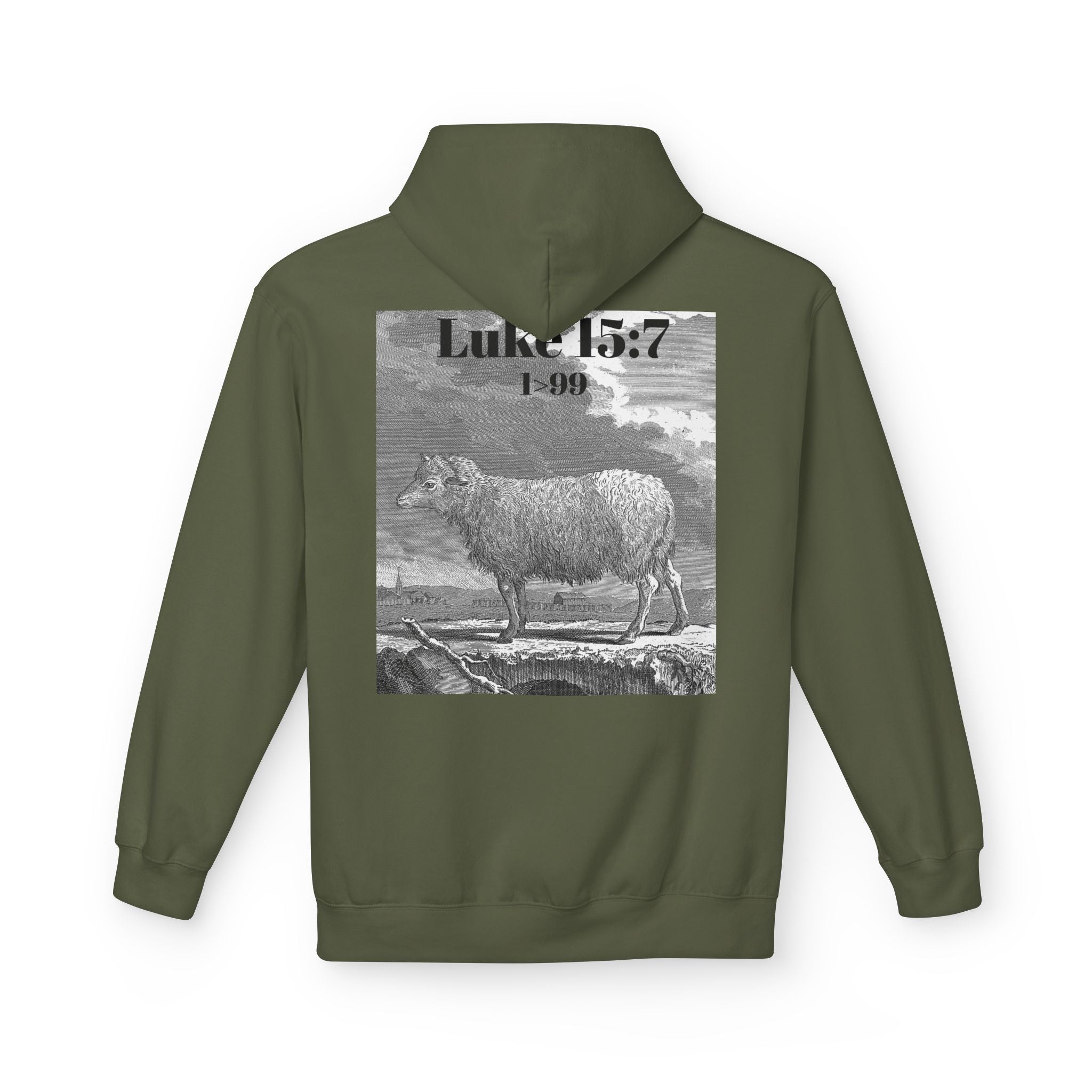 Sheep Graphic Hoodie – "FOUND" Front & Luke 15:7 Back Religious Pullover