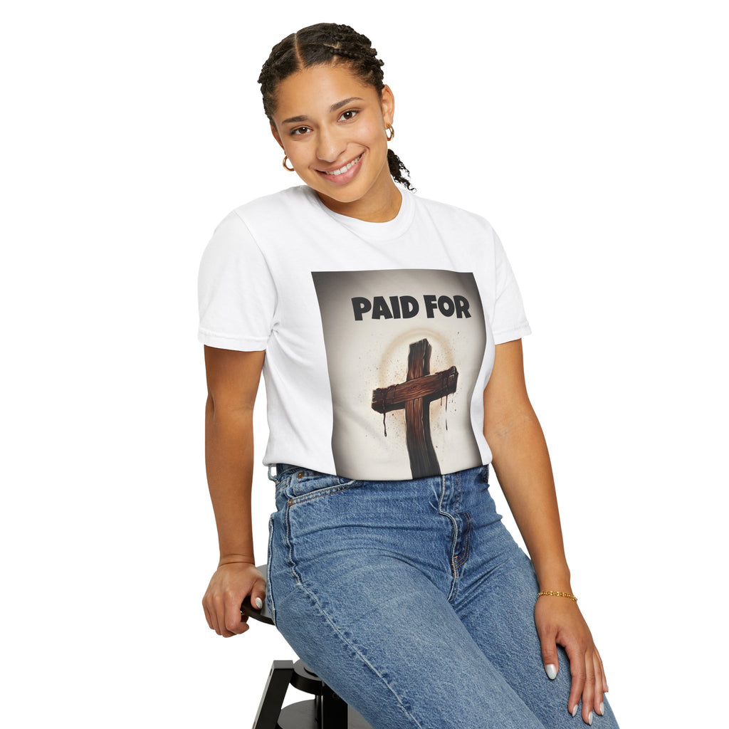 Christian T-Shirt — "Paid For" Cross Design with Rom. 10:13 Back