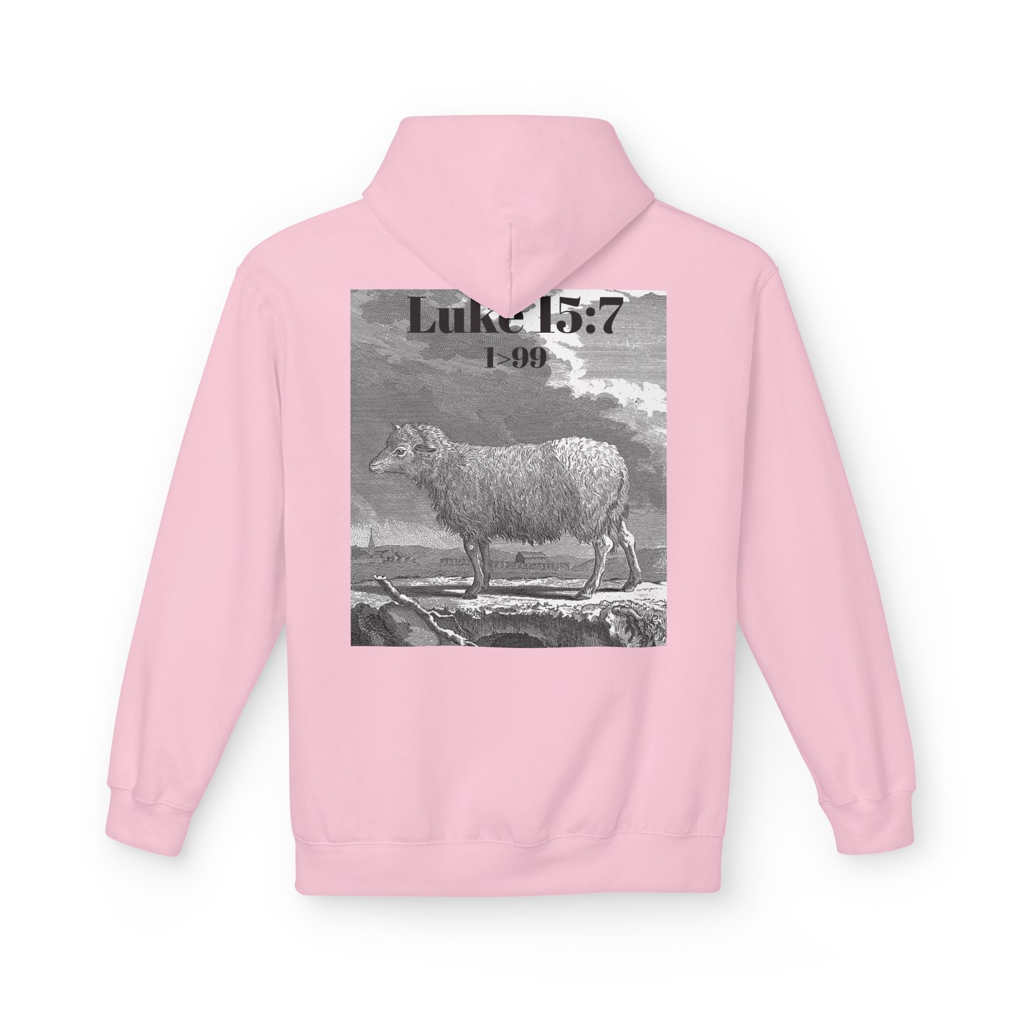 Sheep Graphic Hoodie – "FOUND" Front & Luke 15:7 Back Religious Pullover