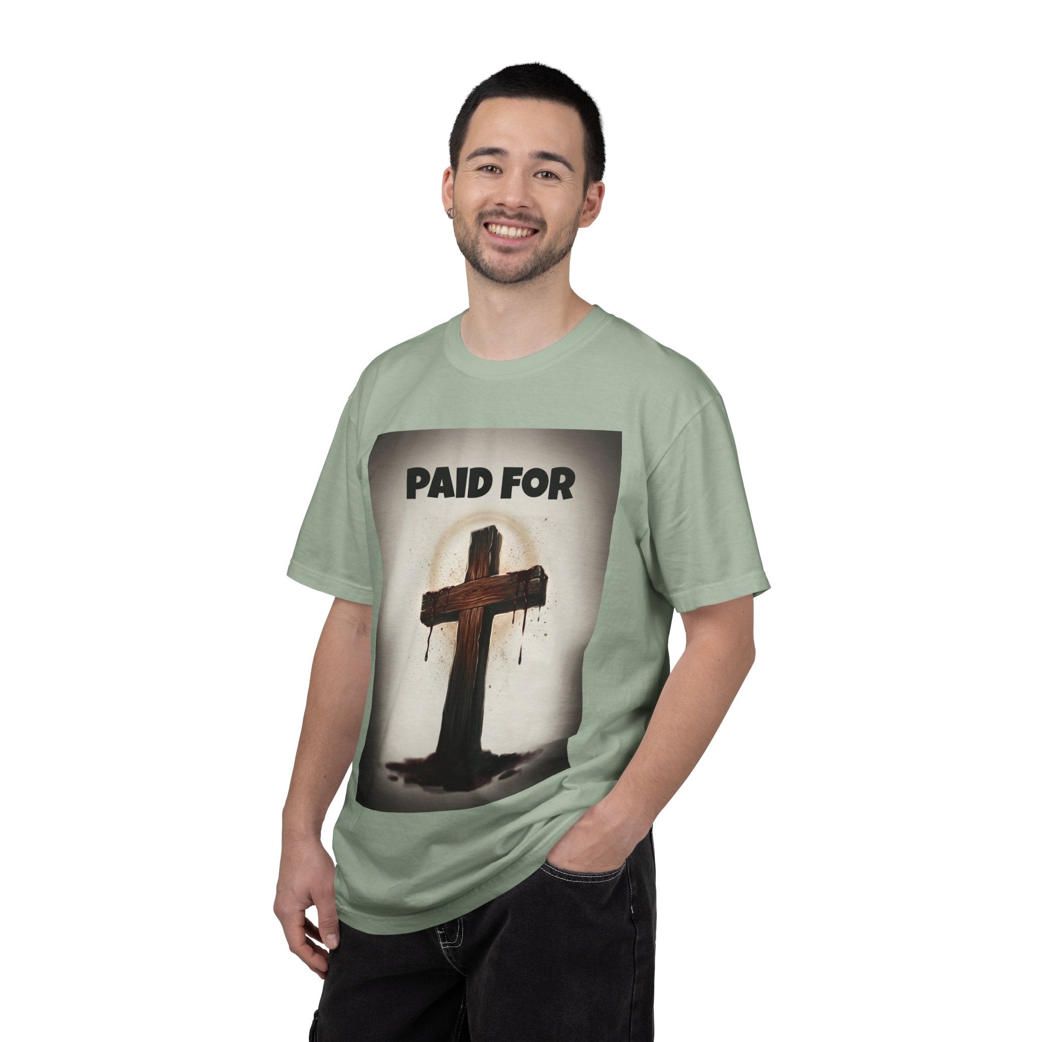 Christian T-Shirt — "Paid For" Cross Design with Rom. 10:13 Back