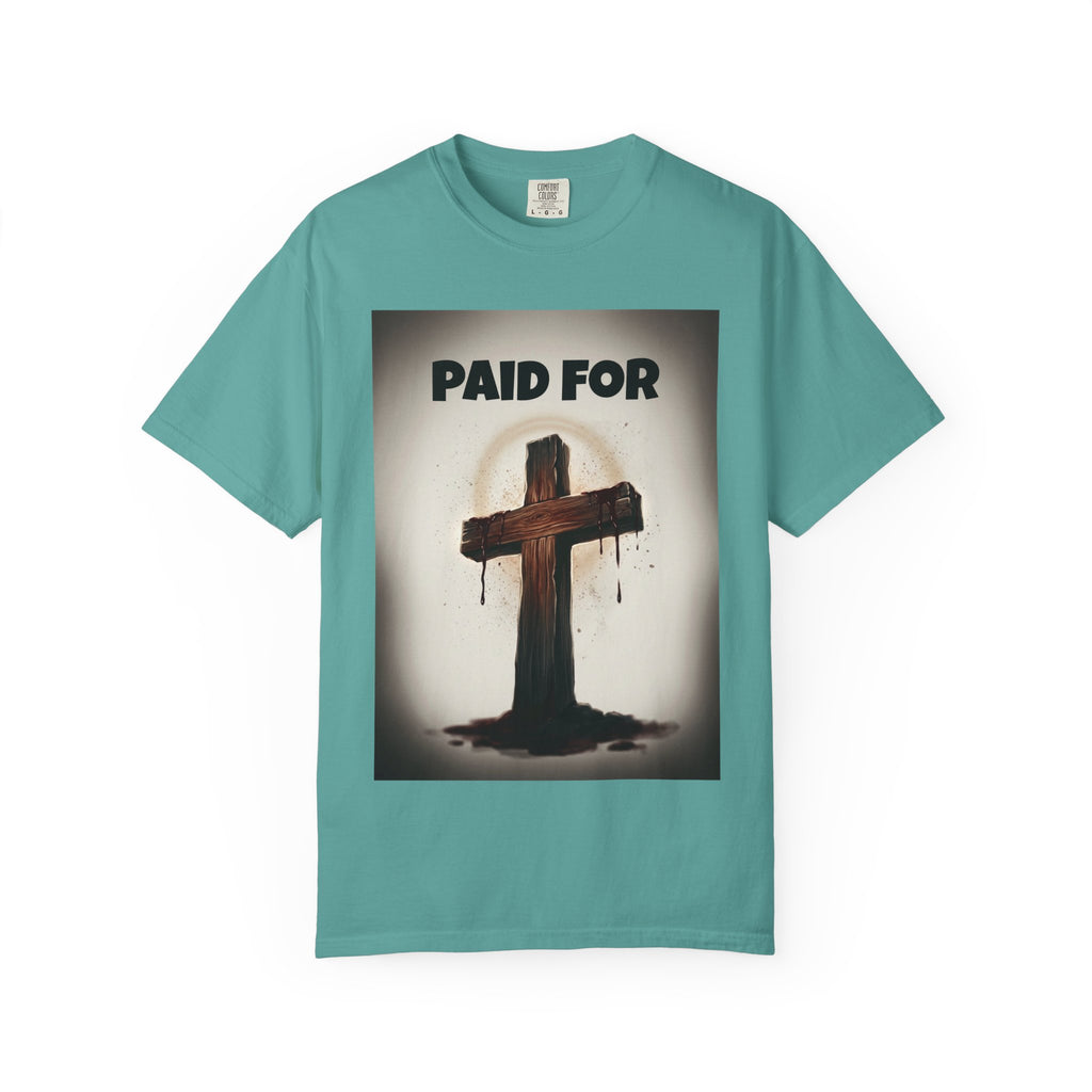 Christian T-Shirt — "Paid For" Cross Design with Rom. 10:13 Back