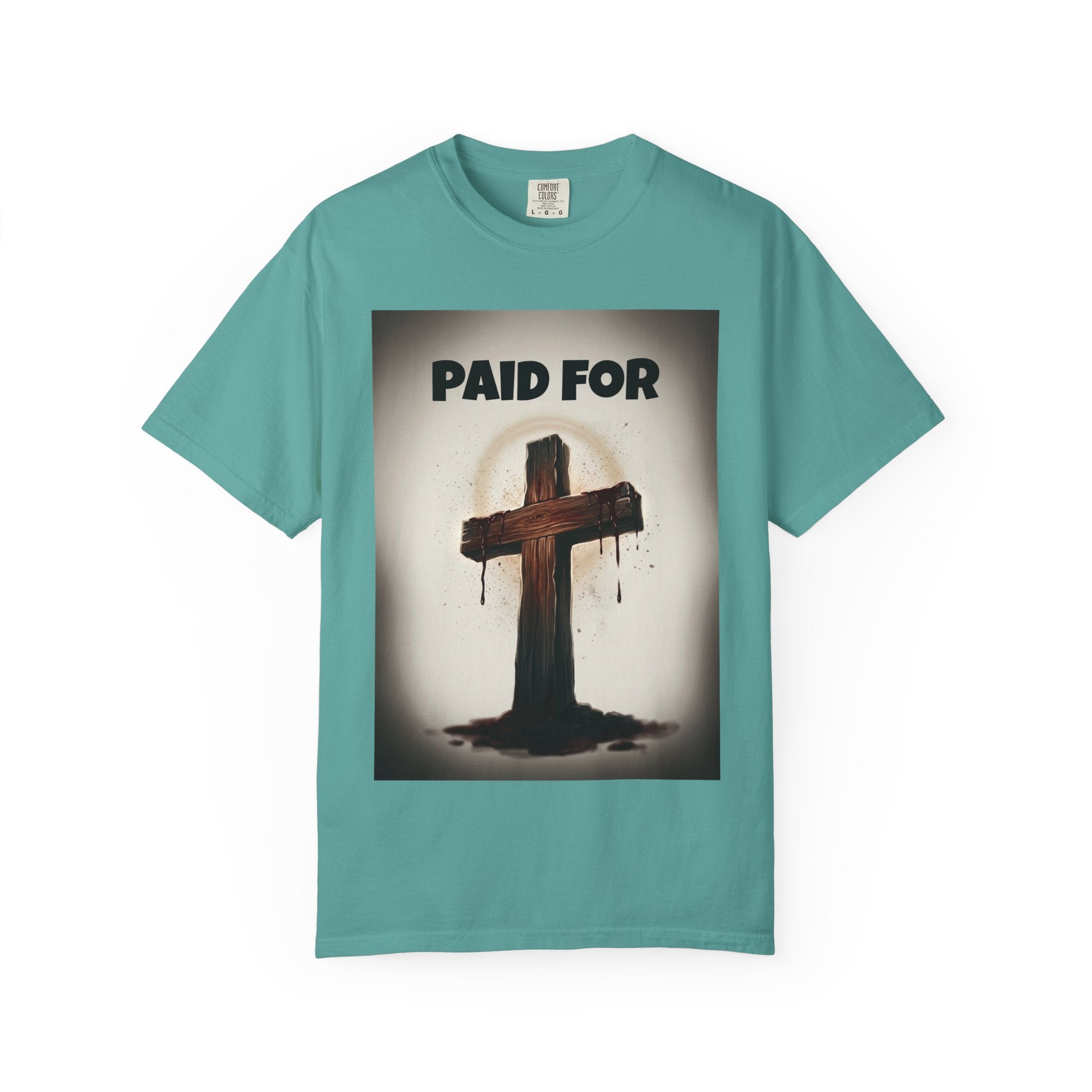 Christian T-Shirt — "Paid For" Cross Design with Rom. 10:13 Back
