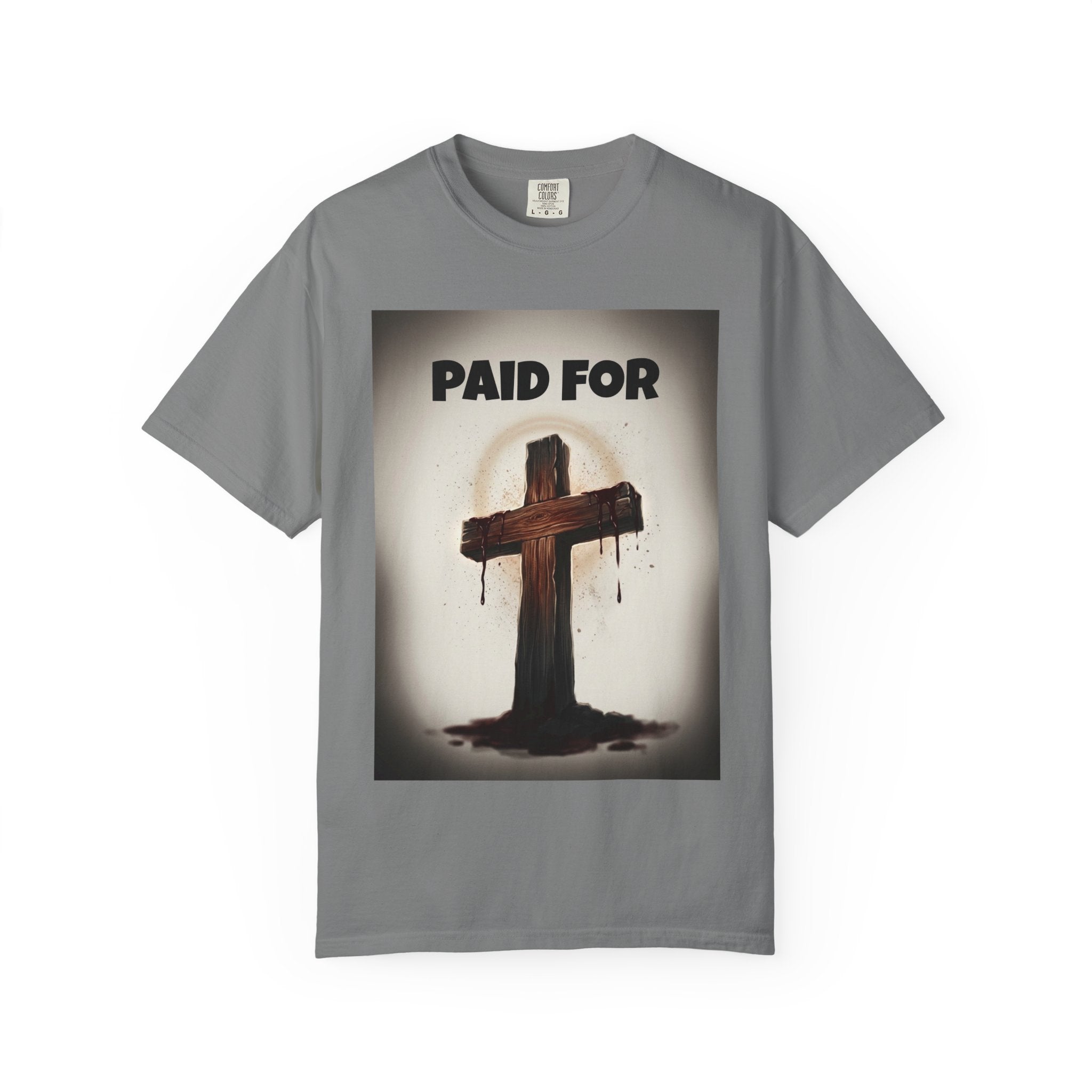 Christian T-Shirt — "Paid For" Cross Design with Rom. 10:13 Back
