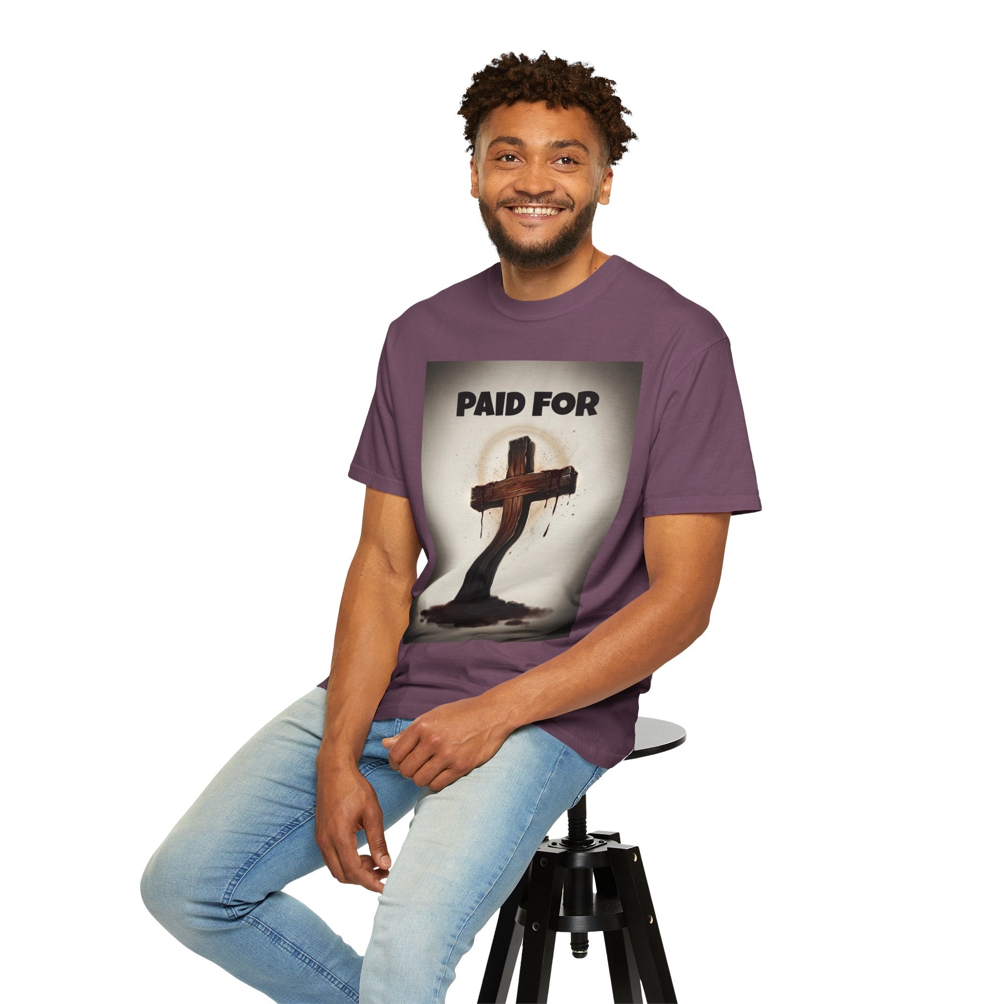 Christian T-Shirt — "Paid For" Cross Design with Rom. 10:13 Back