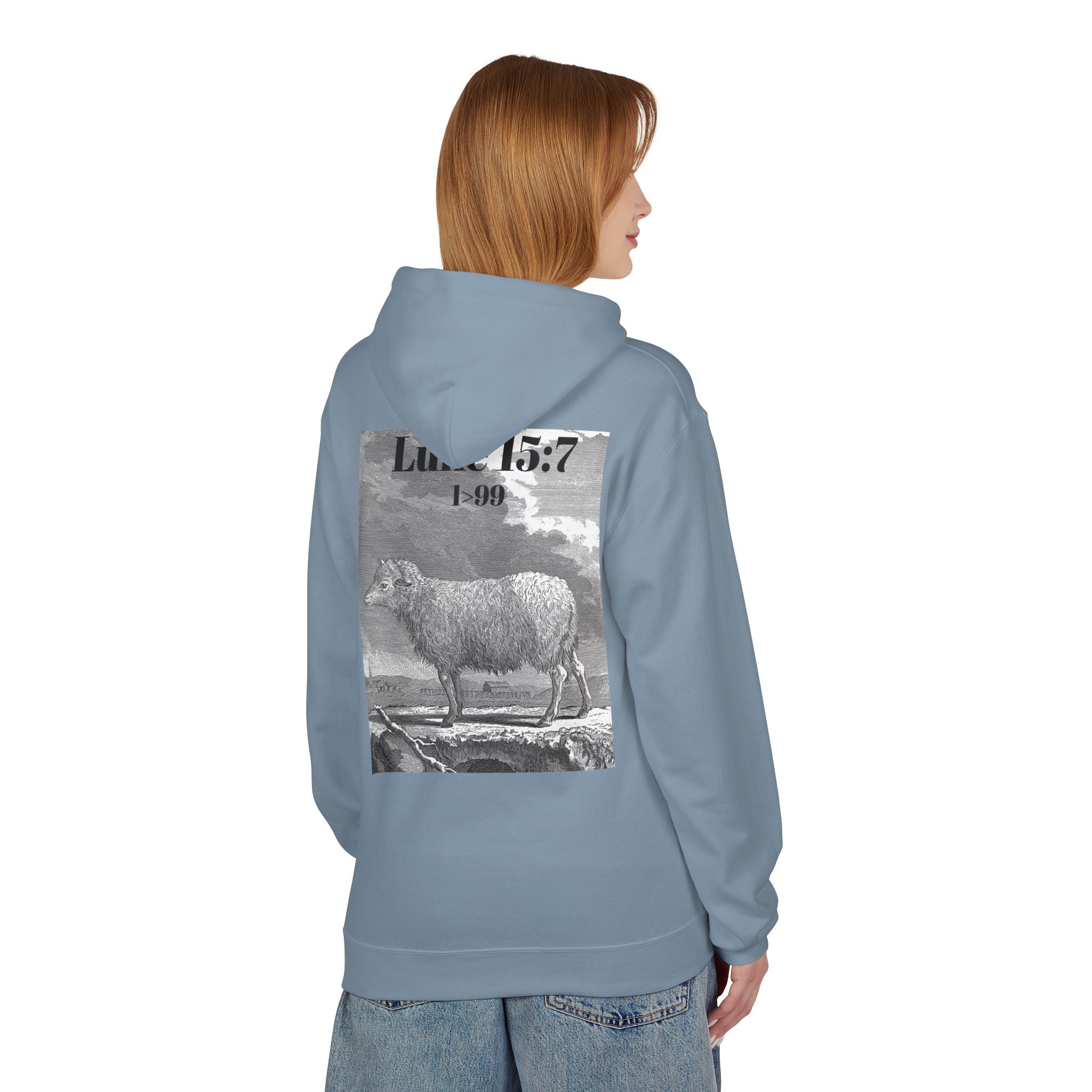 Sheep Graphic Hoodie – "FOUND" Front & Luke 15:7 Back Religious Pullover