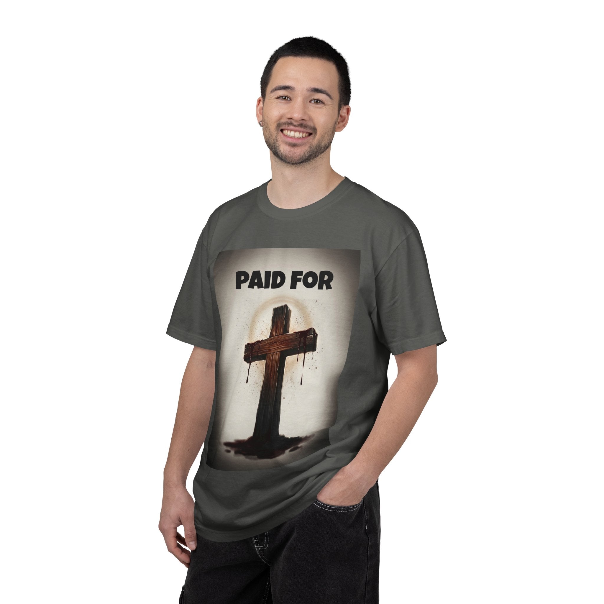Christian T-Shirt — "Paid For" Cross Design with Rom. 10:13 Back