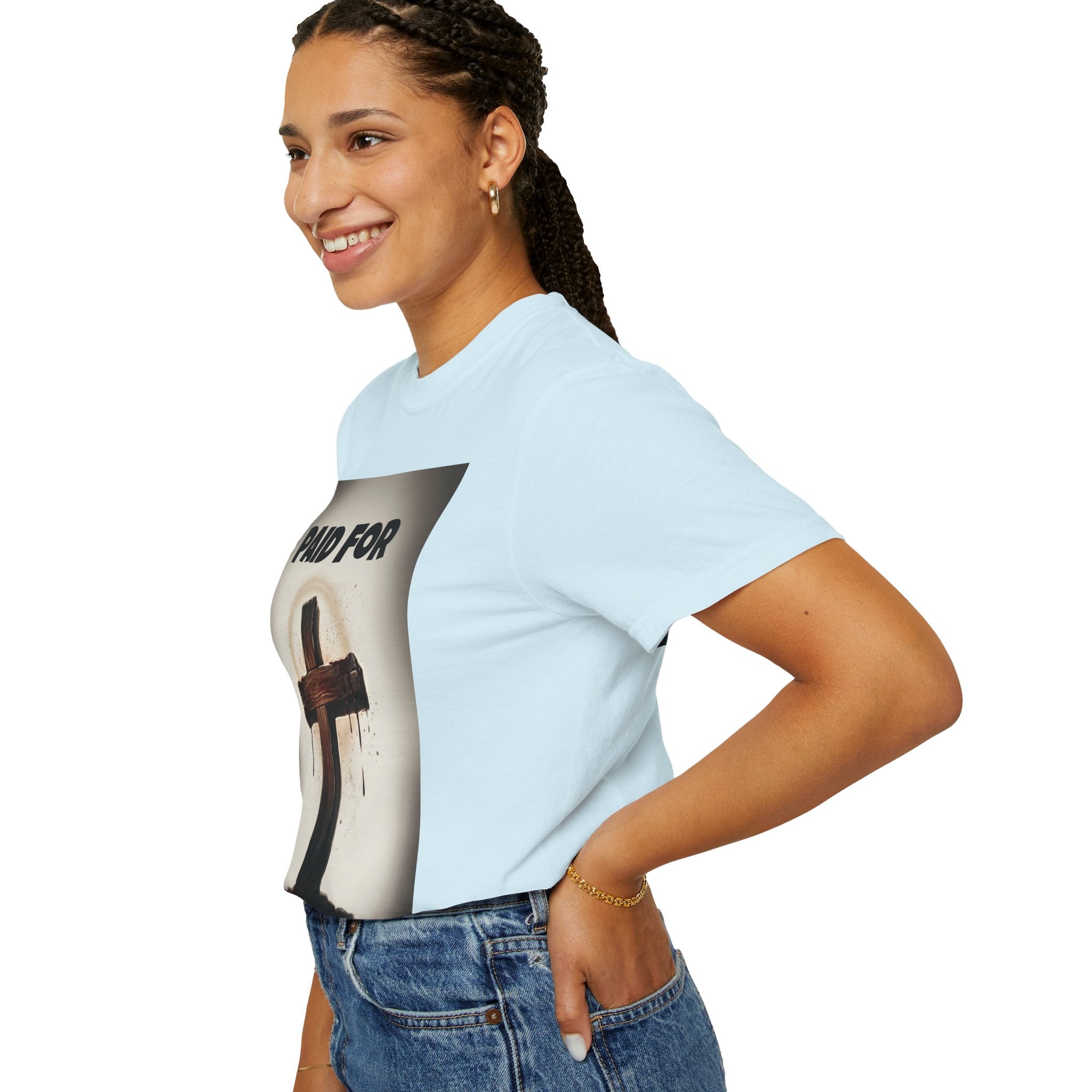 Christian T-Shirt — "Paid For" Cross Design with Rom. 10:13 Back