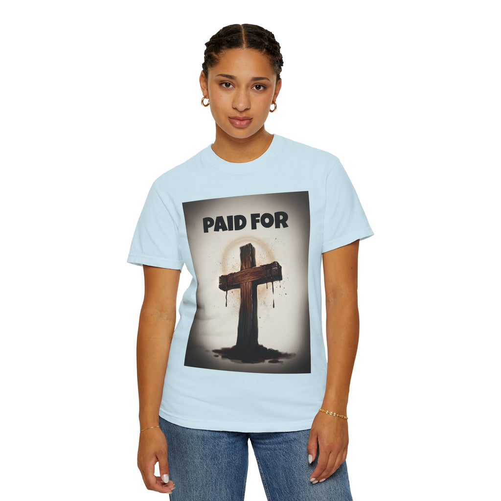 Christian T-Shirt — "Paid For" Cross Design with Rom. 10:13 Back